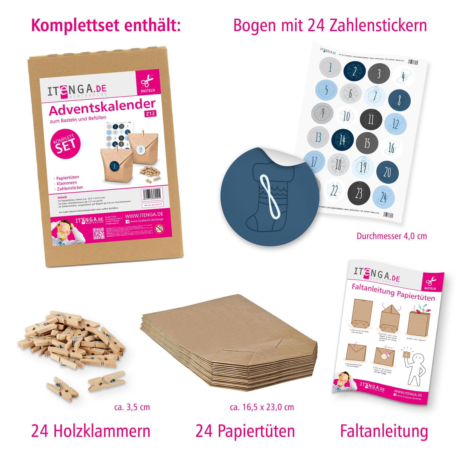 Adventskalender Set 12 Geschenkt�ten + Klammern + Sticker