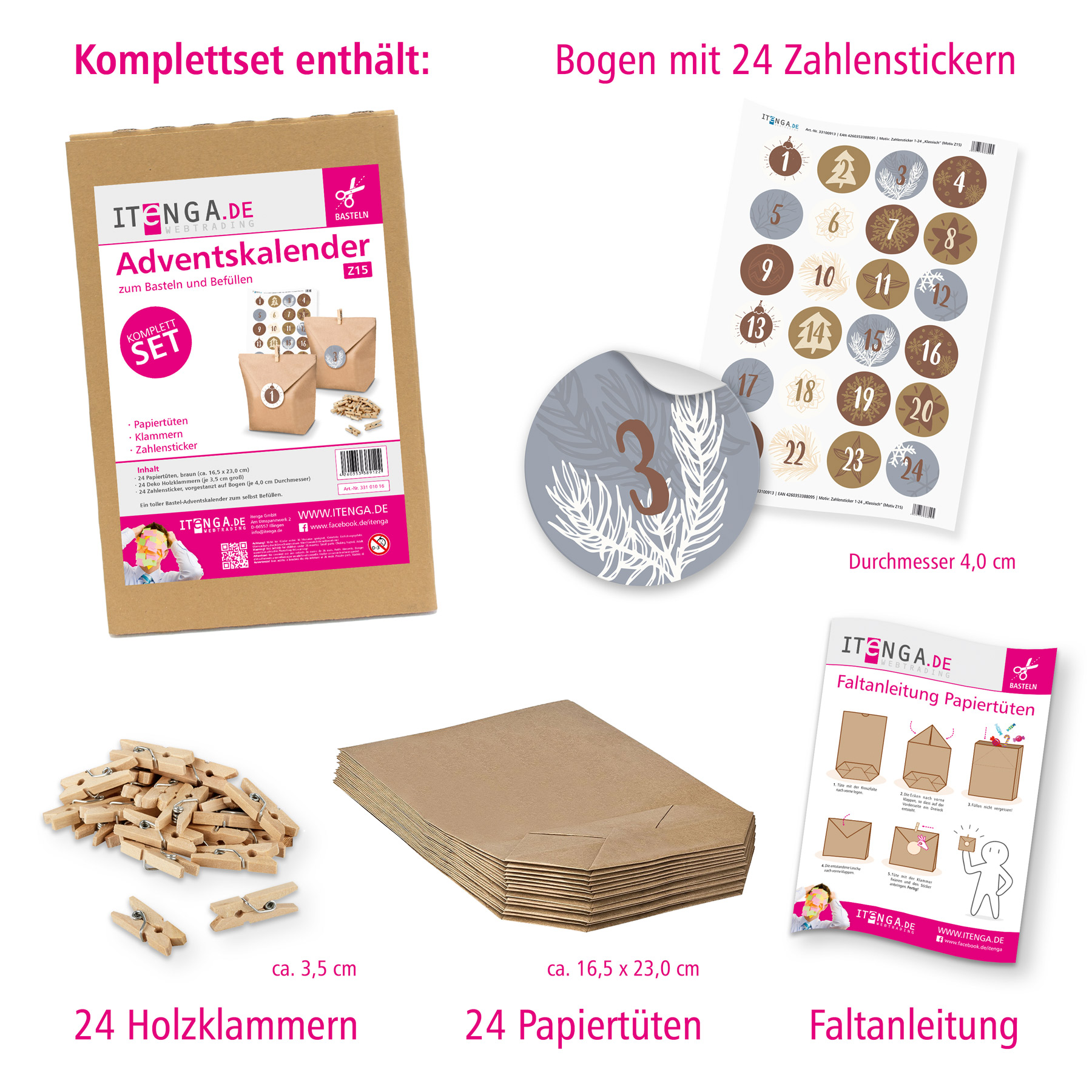 Adventskalender Set 15 Geschenkt�ten + Klammern + Sticker