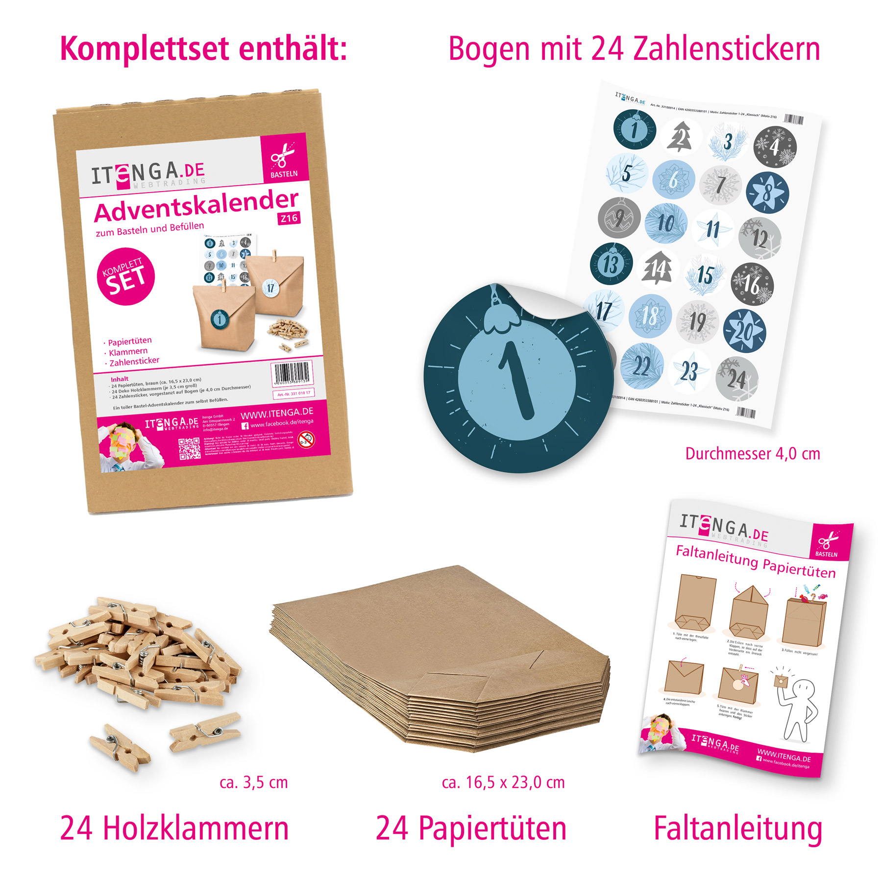 Adventskalender Set 16 Geschenkt�ten + Klammern + Sticker