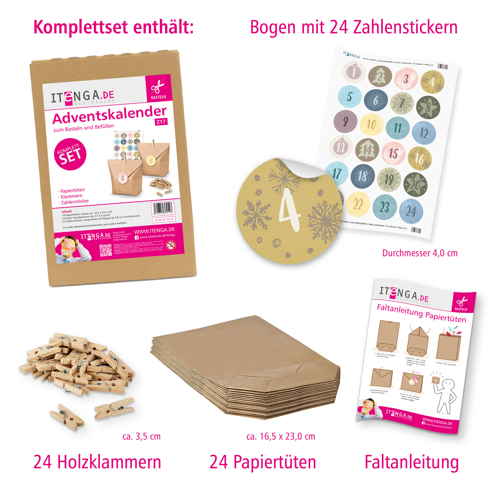 Adventskalender Set 17 Geschenkt�ten + Klammern + Sticker