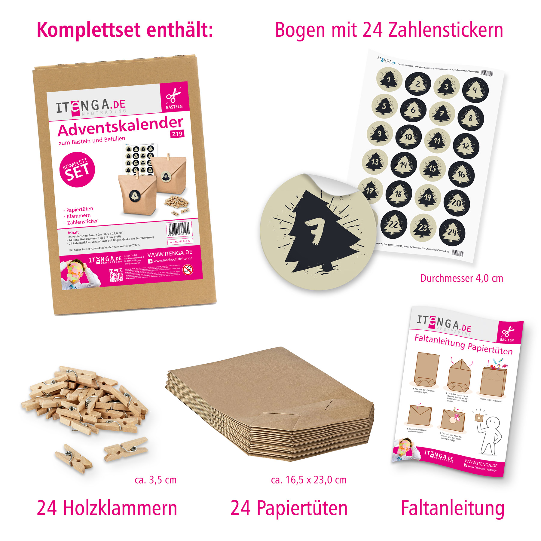Adventskalender Set 19 Geschenkt�ten + Klammern + Sticker