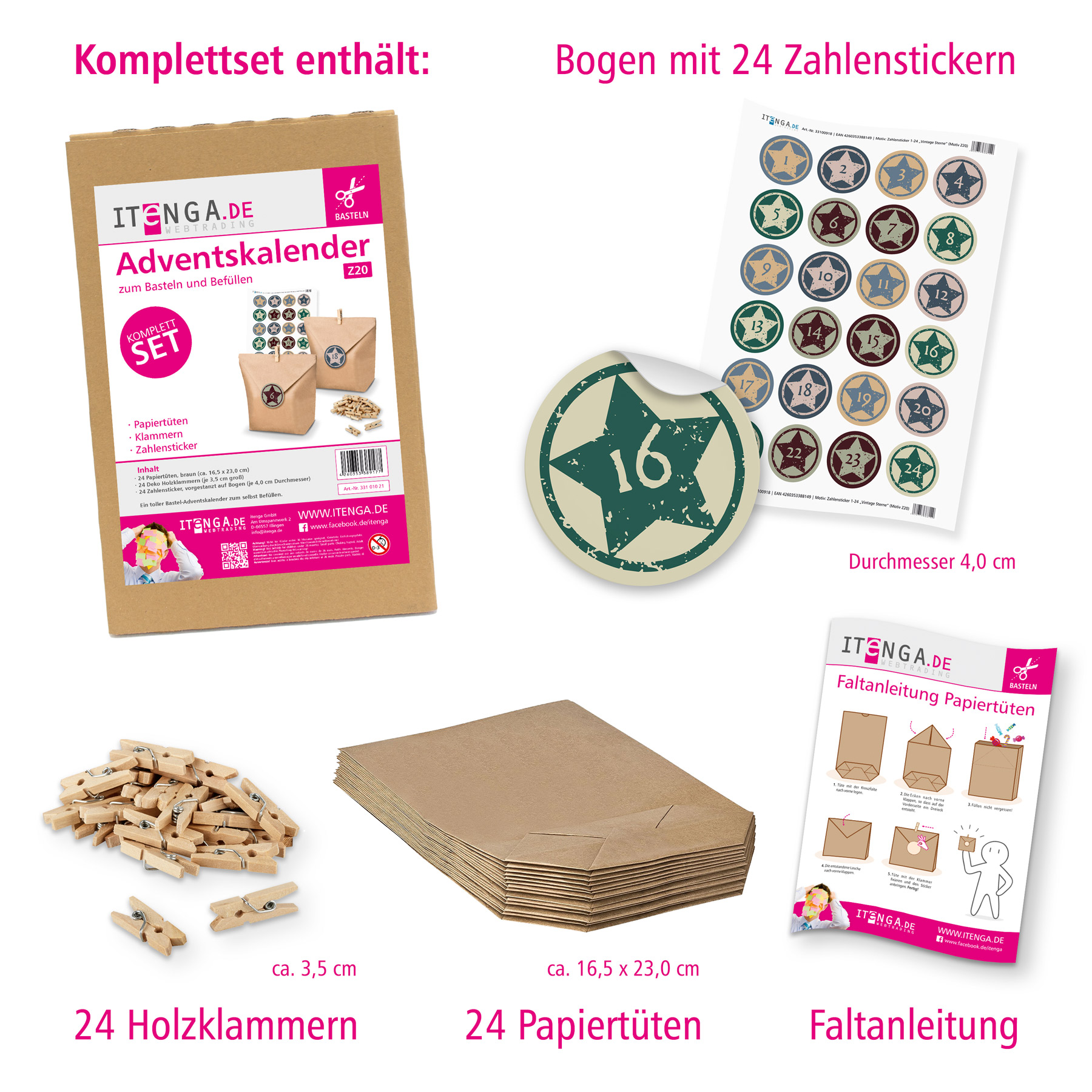 Adventskalender Set 20 Geschenkt�ten + Klammern + Sticker