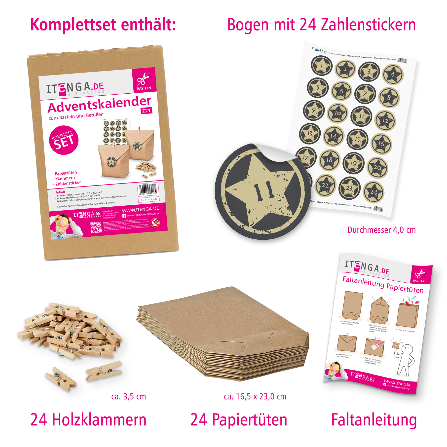 Adventskalender Set 21 Geschenkt�ten + Klammern + Sticker