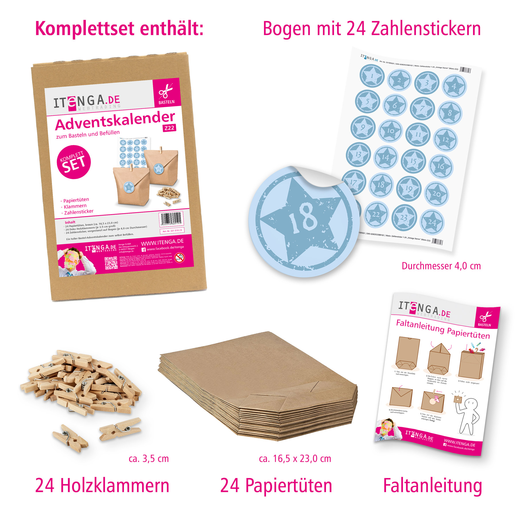Adventskalender Set 22 Geschenkt�ten + Klammern + Sticker