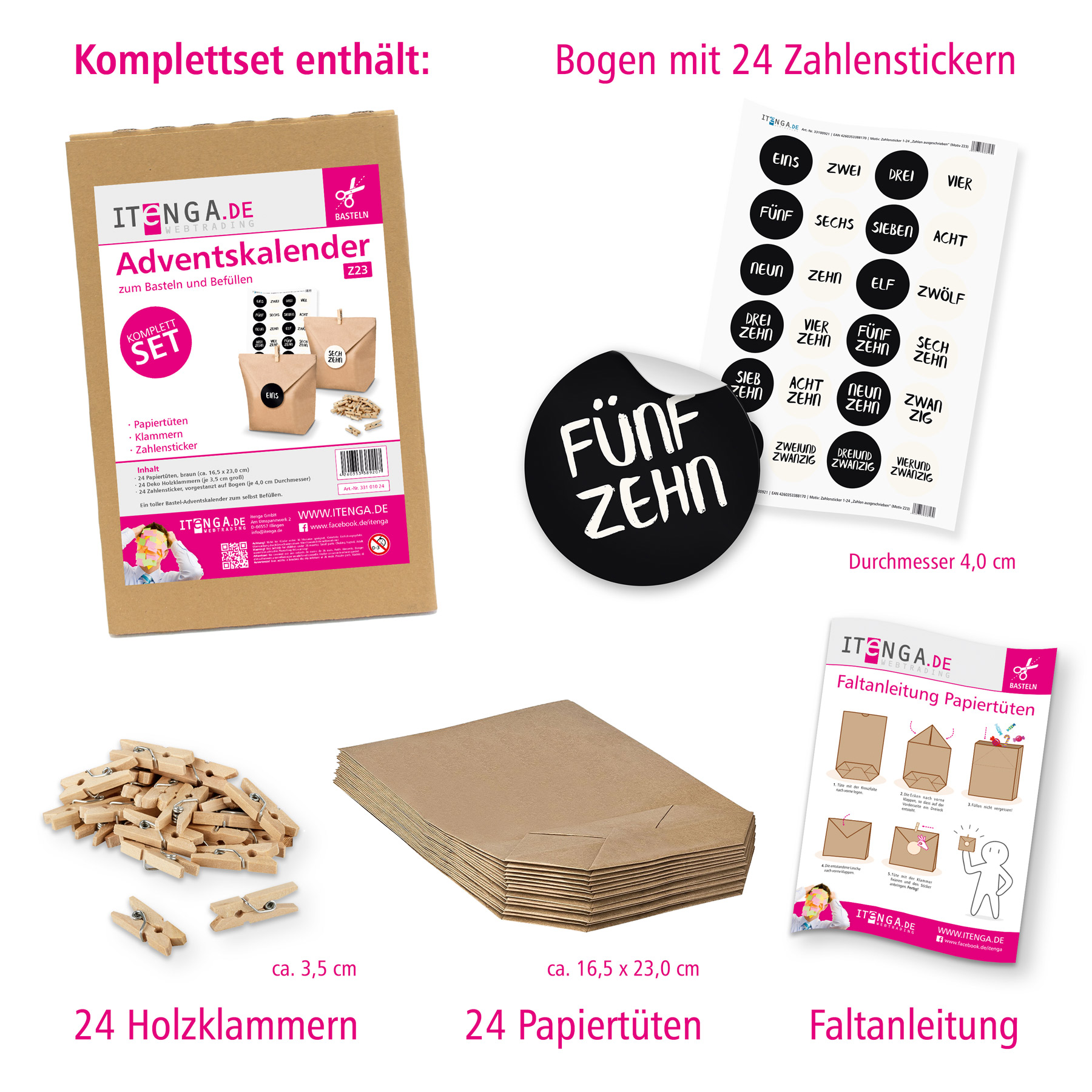 Adventskalender Set 23 Geschenkt�ten + Klammern + Sticker