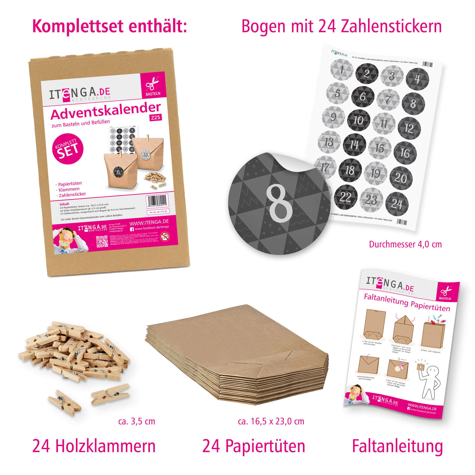 Adventskalender Set 25 Geschenkt�ten + Klammern + Sticker