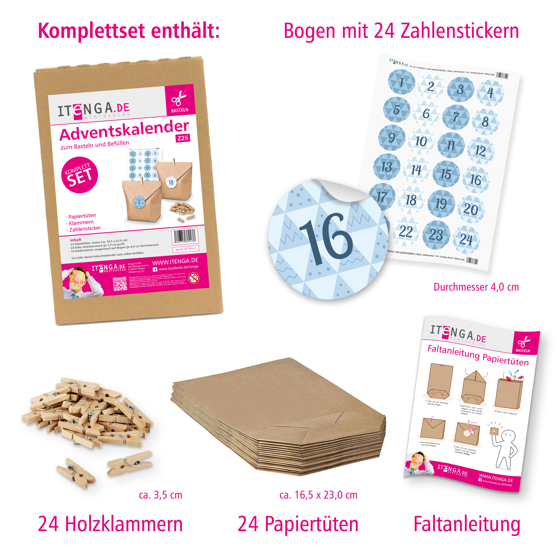 Adventskalender Set 26 Geschenkt�ten + Klammern + Sticker