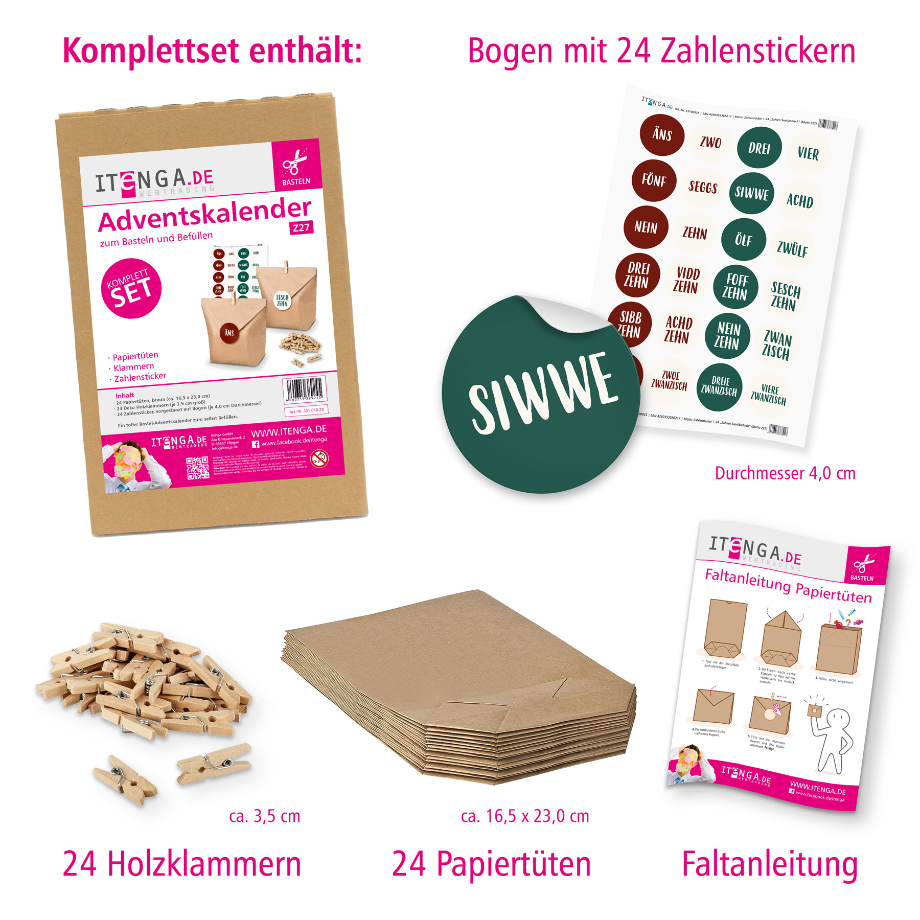 Adventskalender Set 27 Geschenkt�ten + Klammern + Sticker
