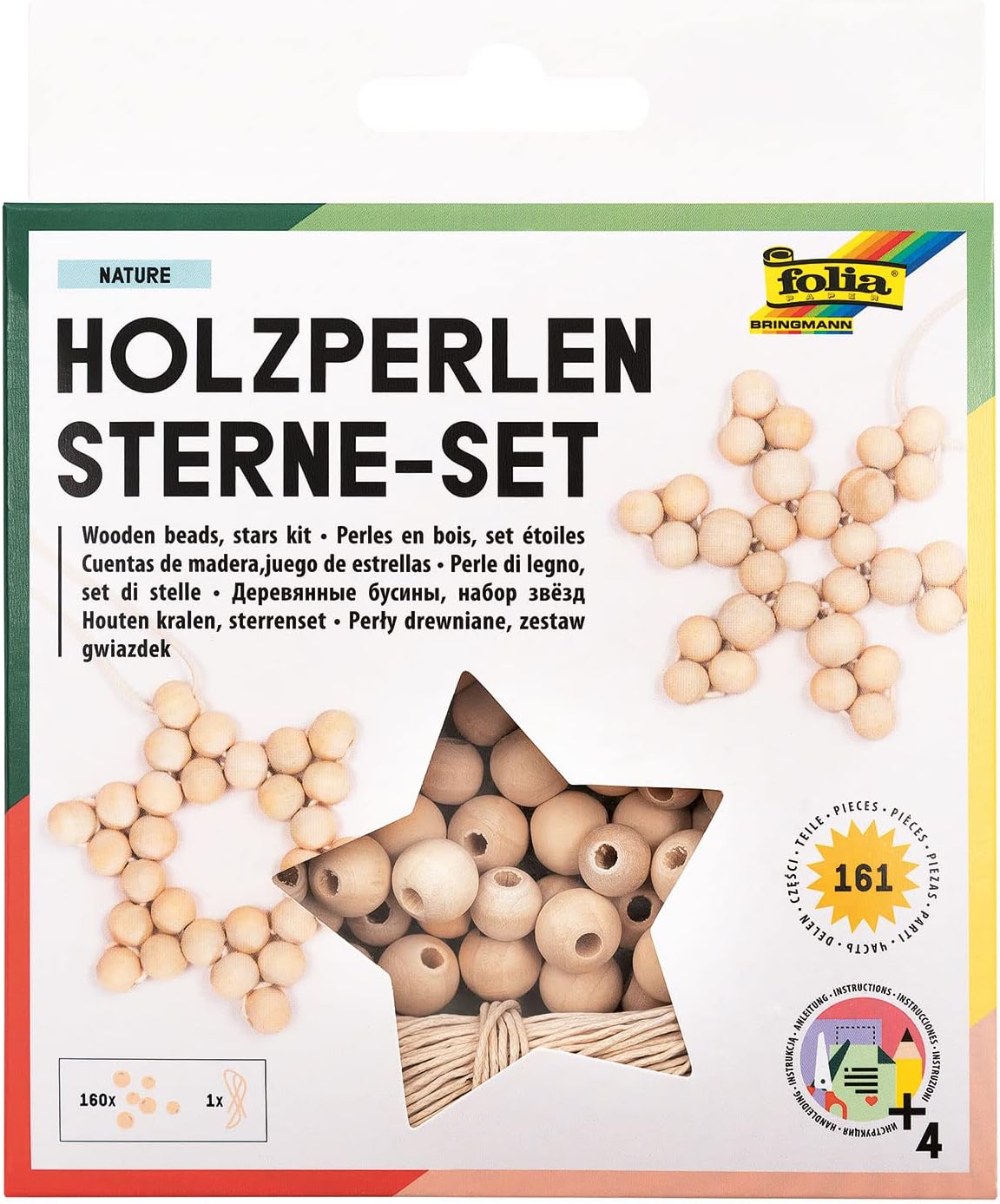 folia Holzperlen Sterne-Set NATURE, 161-teilig