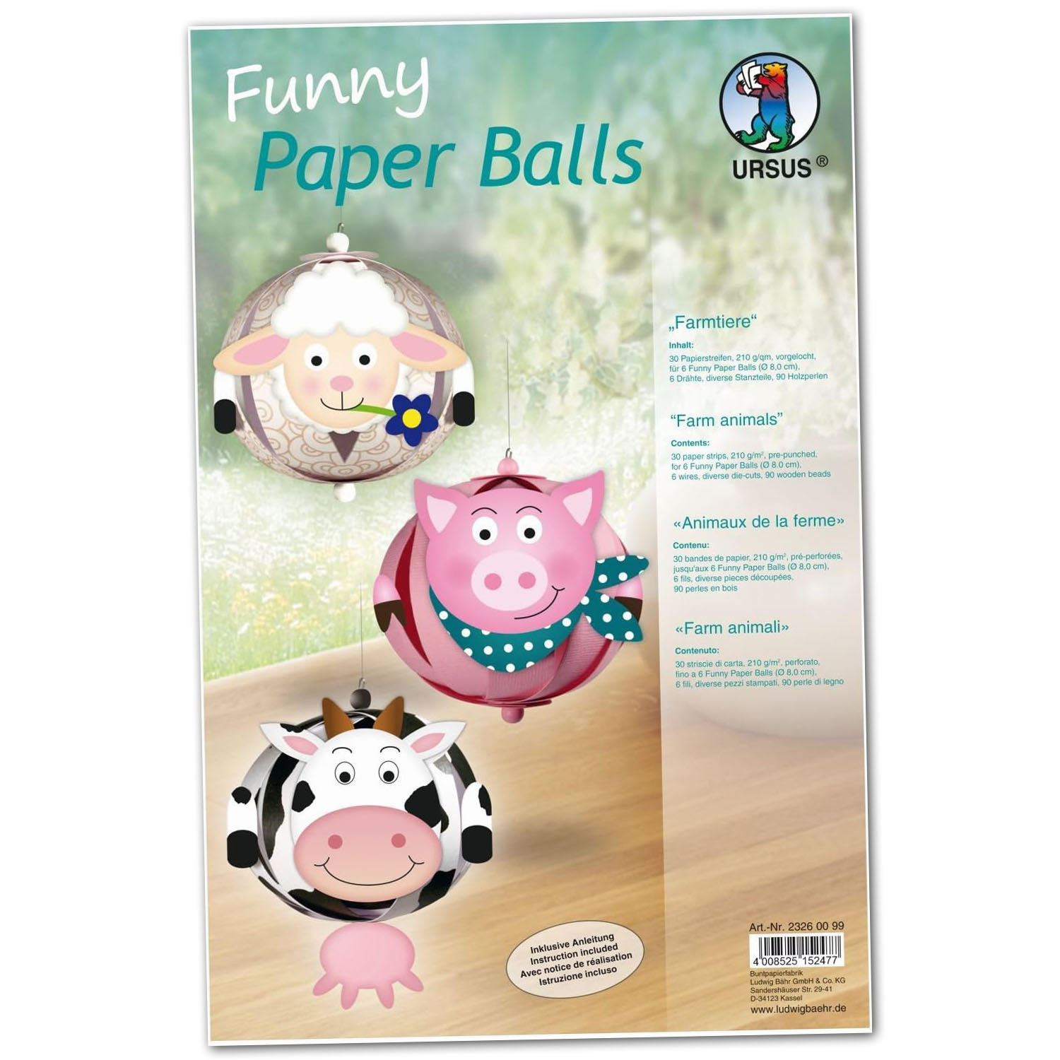 URSUS Designstreifen Funny Paper Balls "Farmtiere"