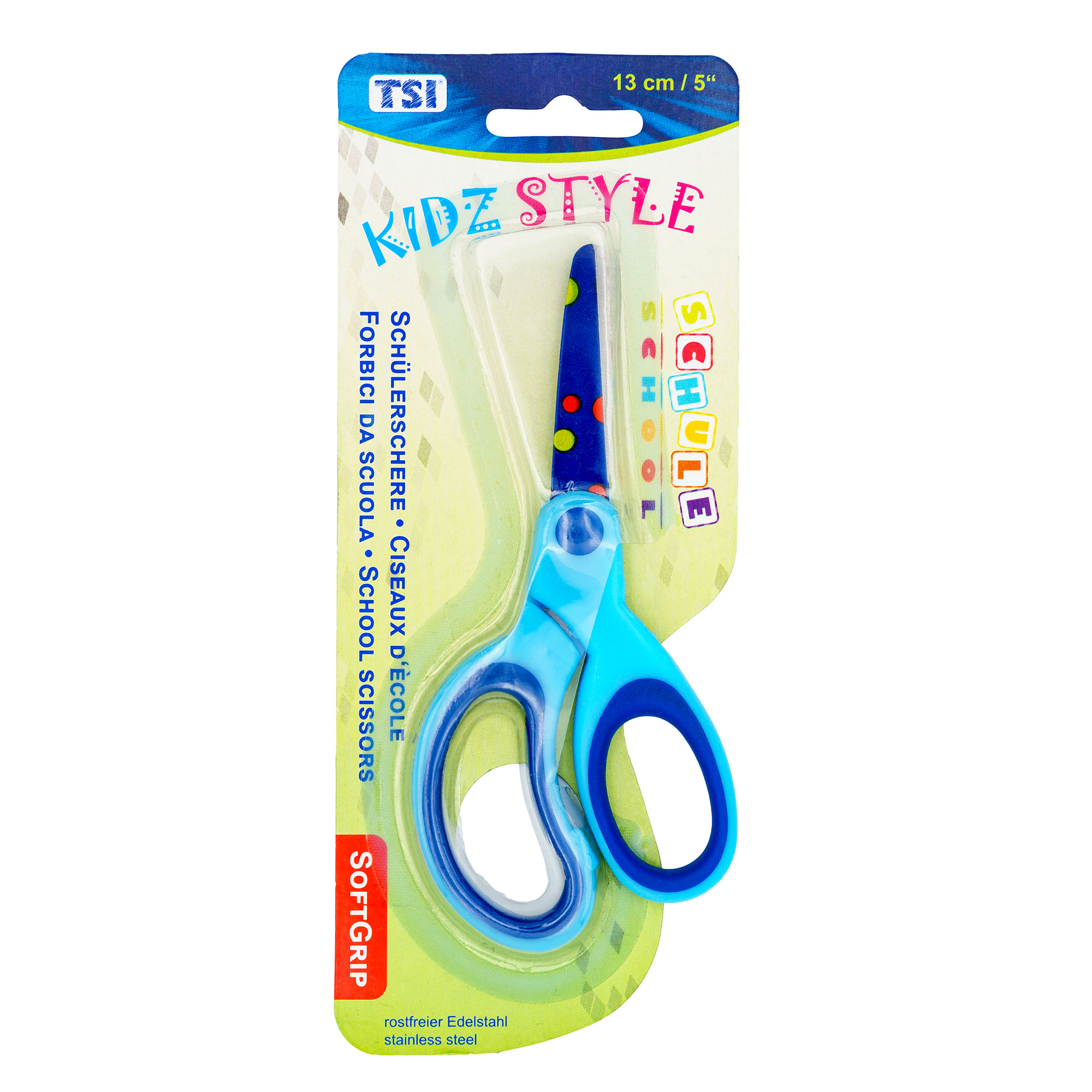 Schere mit Motivdruck 13 cm, Motiv Punkte/blau