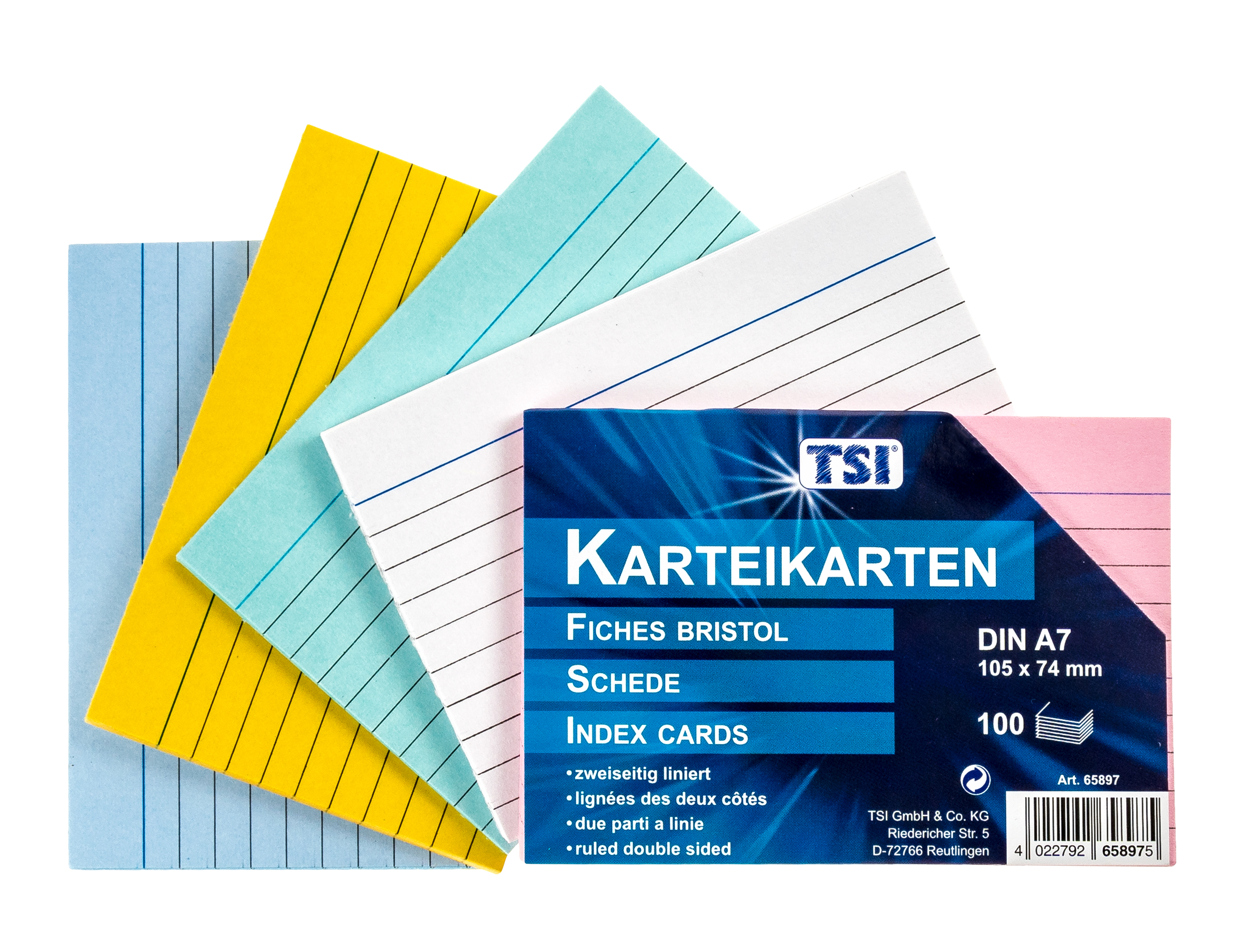 Karteikarten A7 liniert 100er Pg. farbig sortiert