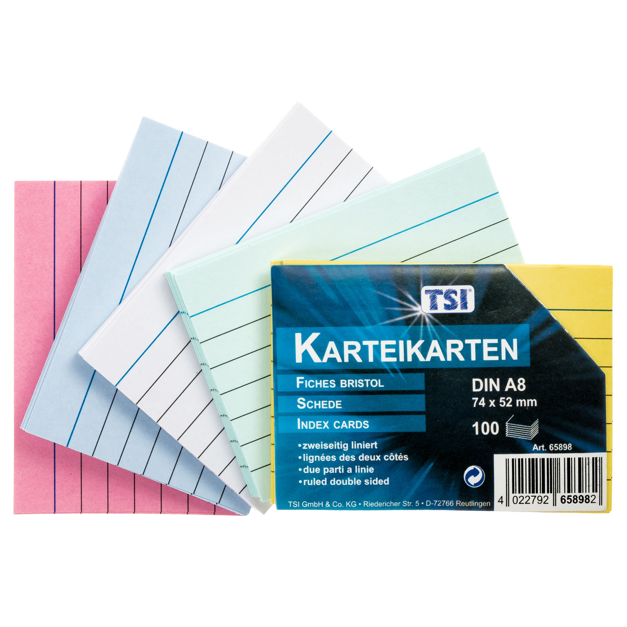 Karteikarten A8, 100 Stk. 5 Farben. liniert