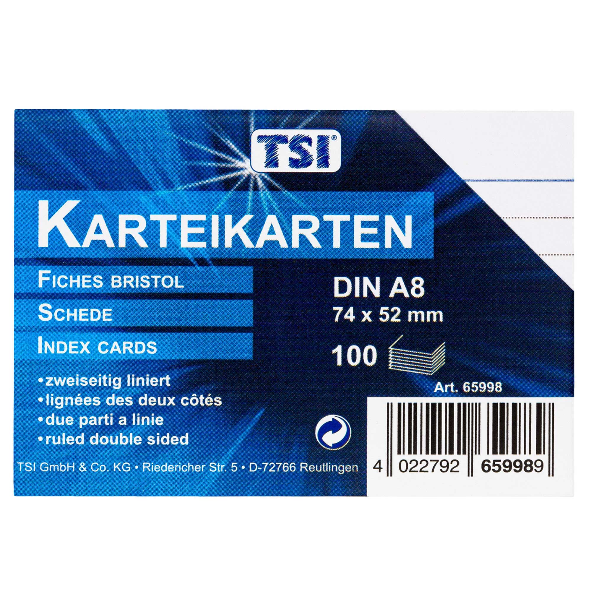 Karteikarten A8 liniert, 100er Pg., wei�