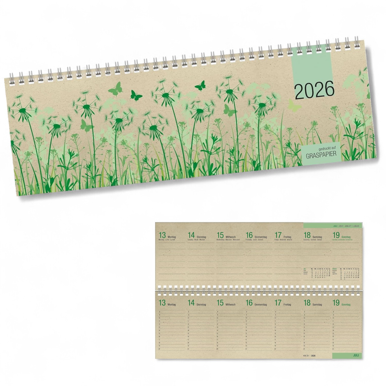 ZETTLER 2026 Querkalender 32x10,5cm Graspapier 1 Woche 2...