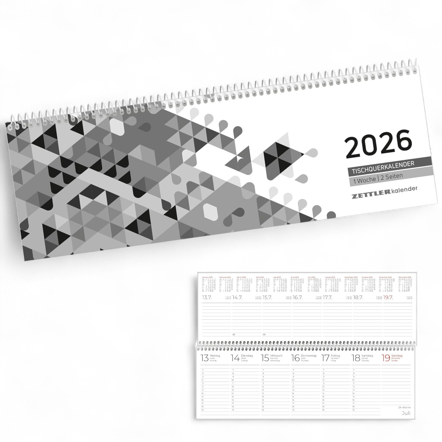 ZETTLER 2026 Pultkalender 1W 2S schwarz Querkalender Spi...