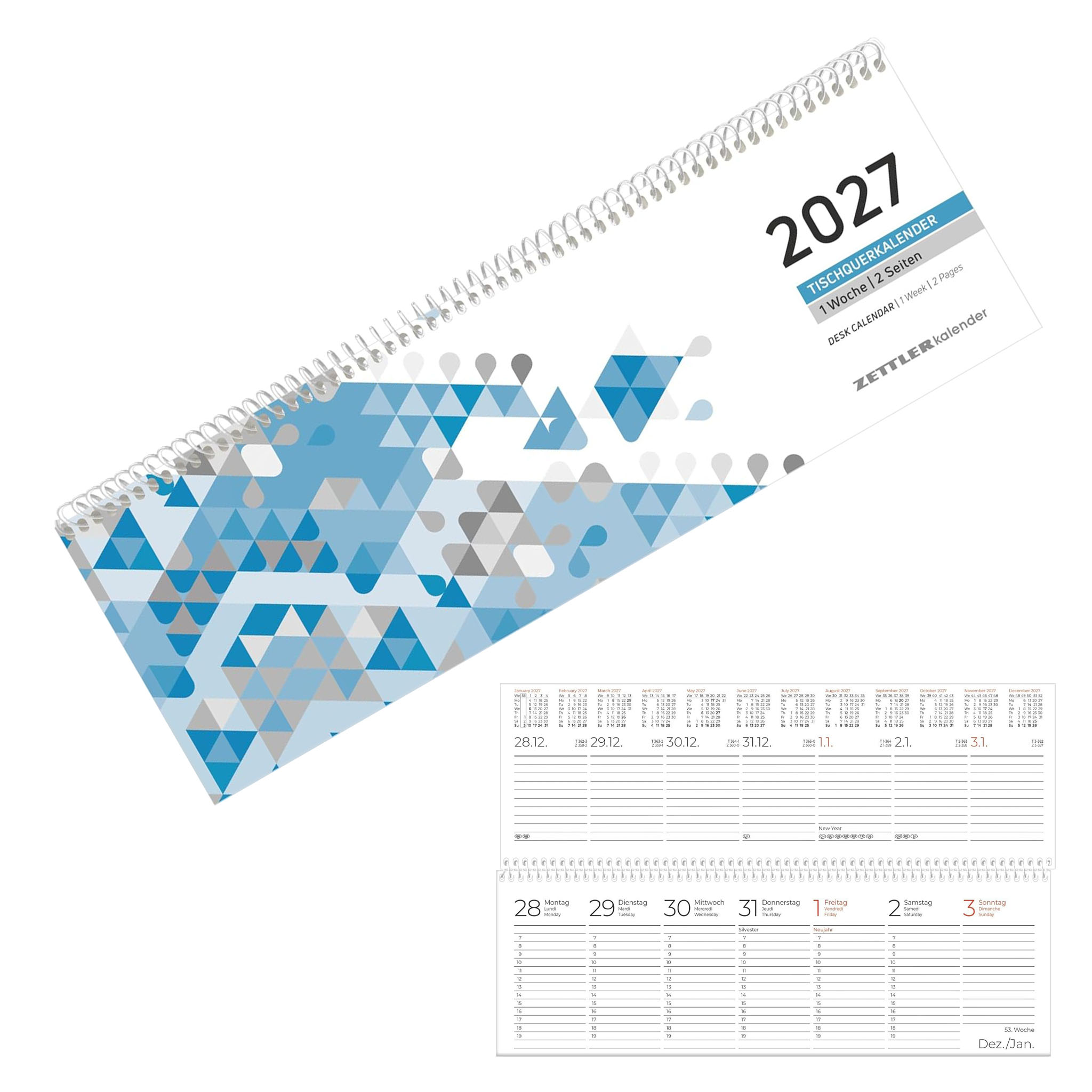 ZETTLER 2027 Pultkalender 1W 2S blau Querkalender Spiral...