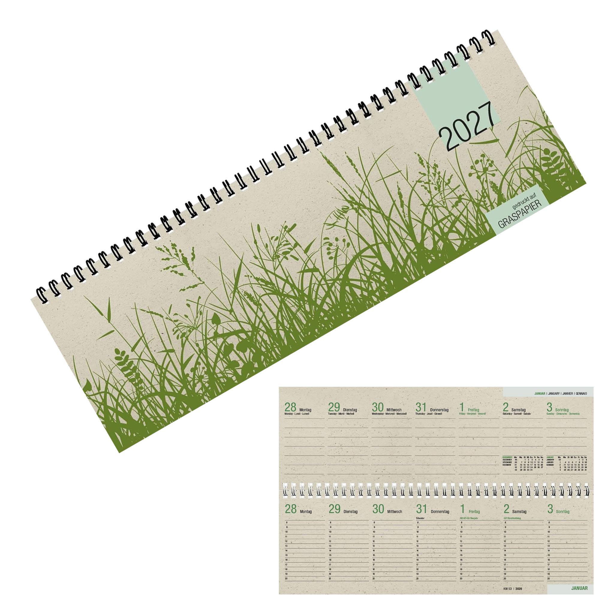 ZETTLER 2027 Querkalender 32x10,5cm Graspapier 1 Woche 2...