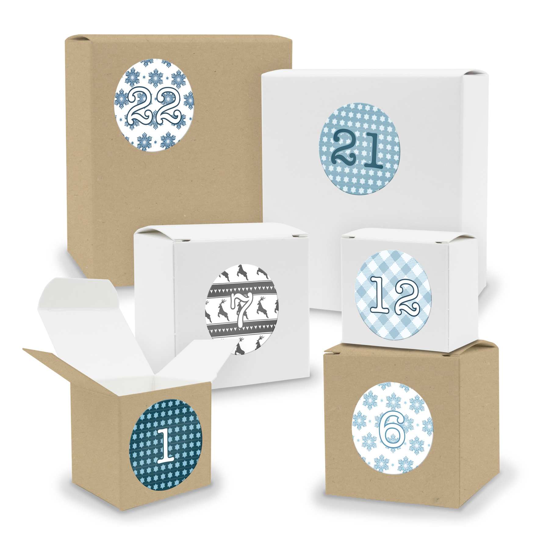 Adventskalender 24x Quader W�rfel gemischt WEISS / BRAU...