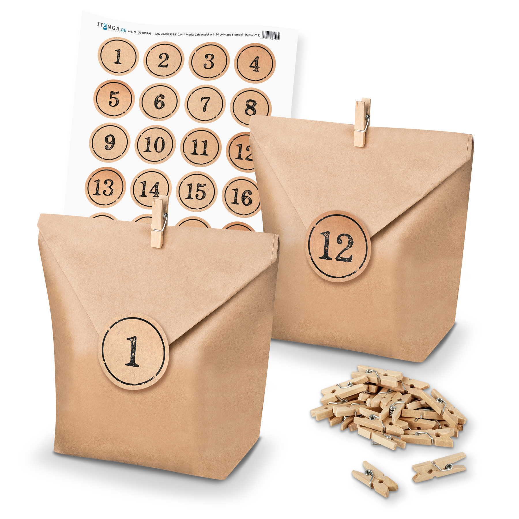 Adventskalender Set 11 Geschenkt�ten + Klammern + Sticker