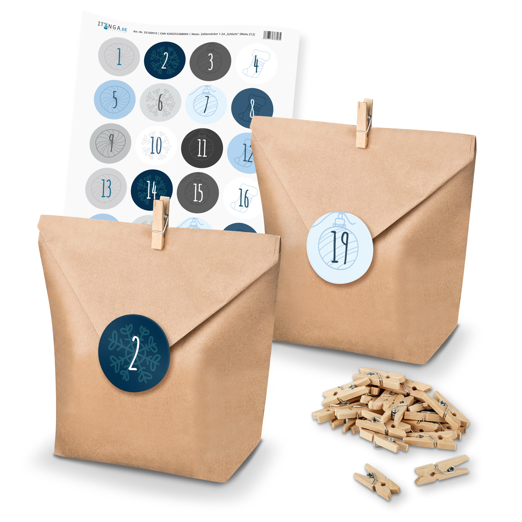 Adventskalender Set 12 Geschenkt�ten + Klammern + Sticker