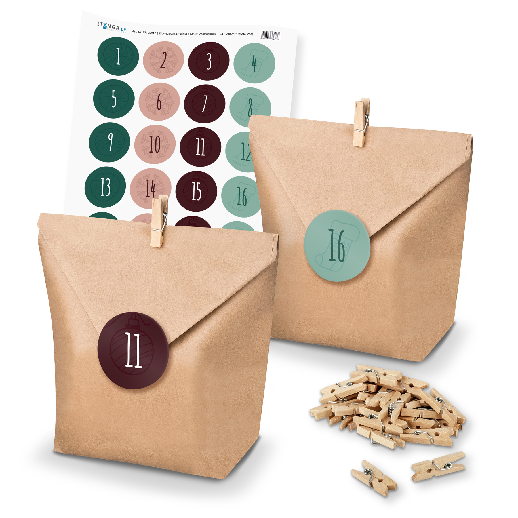 Adventskalender Set 14 Geschenkt�ten + Klammern + Sticker