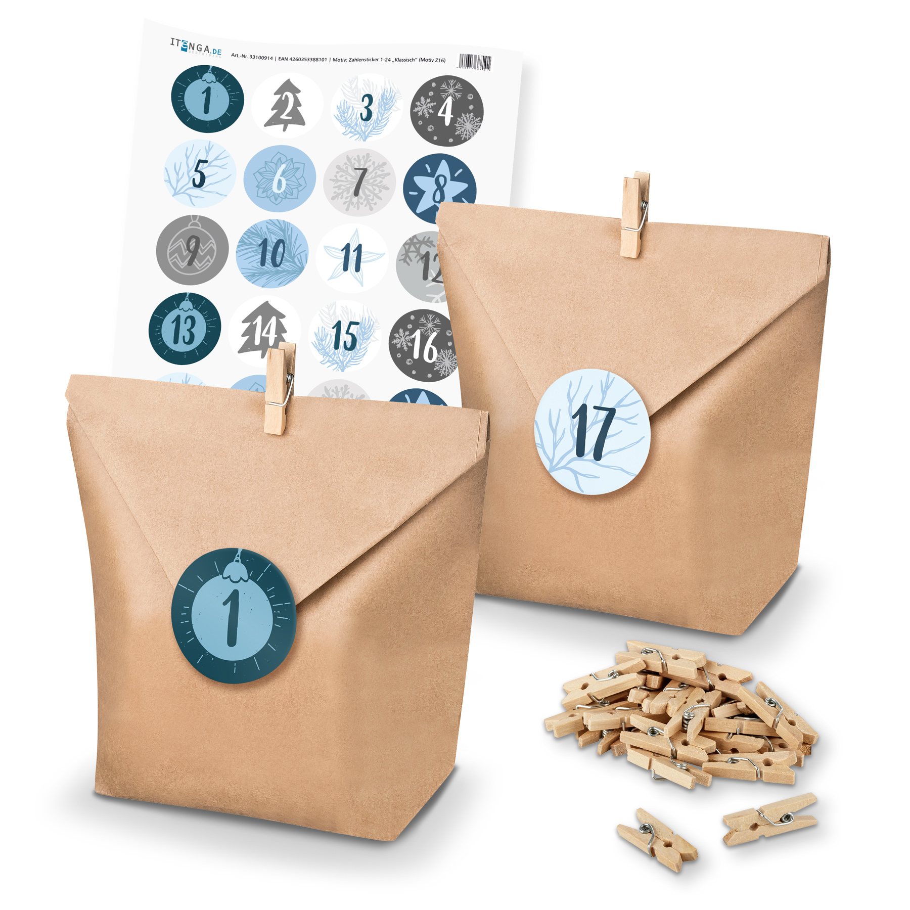 Adventskalender Set 16 Geschenkt�ten + Klammern + Sticker
