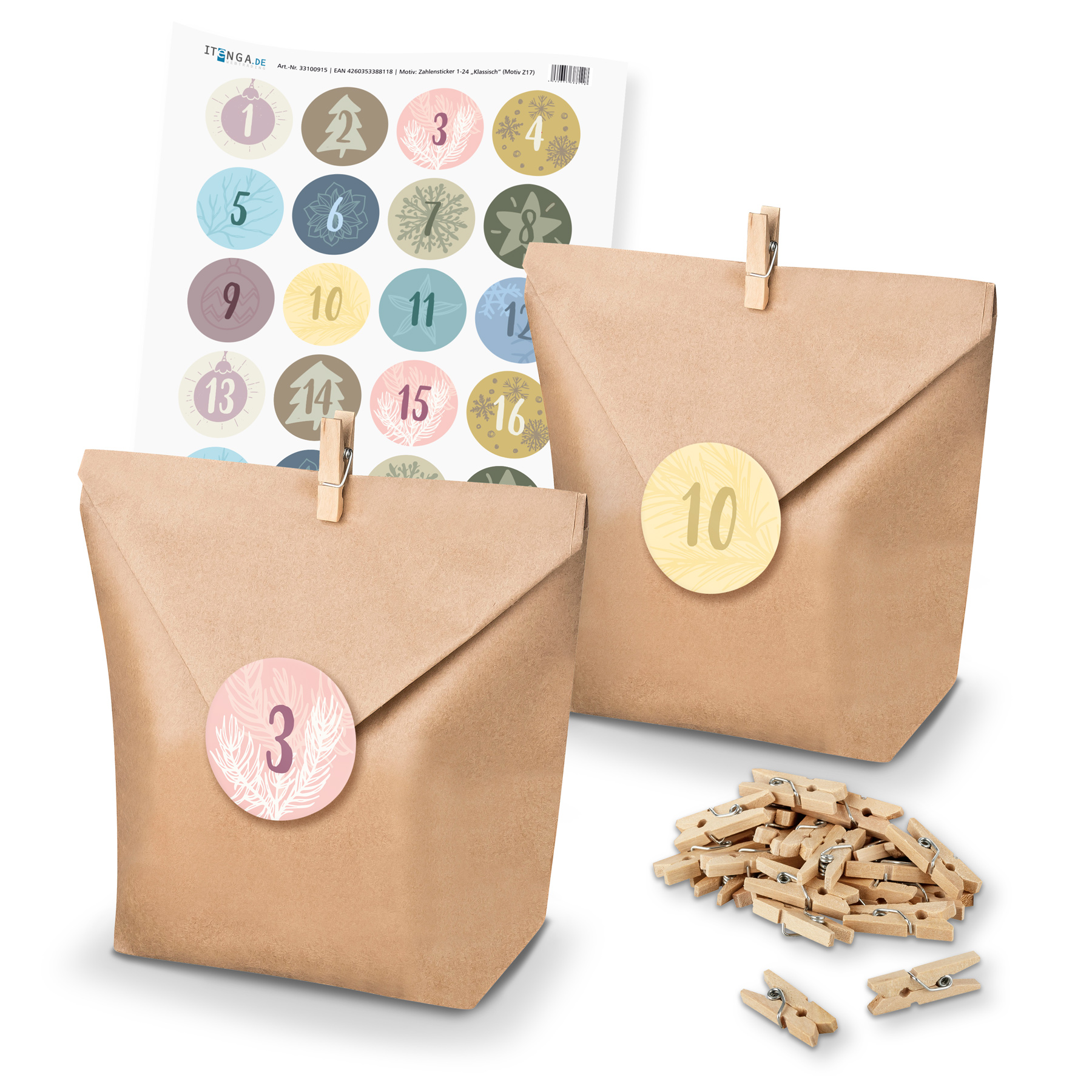 Adventskalender Set 17 Geschenkt�ten + Klammern + Sticker
