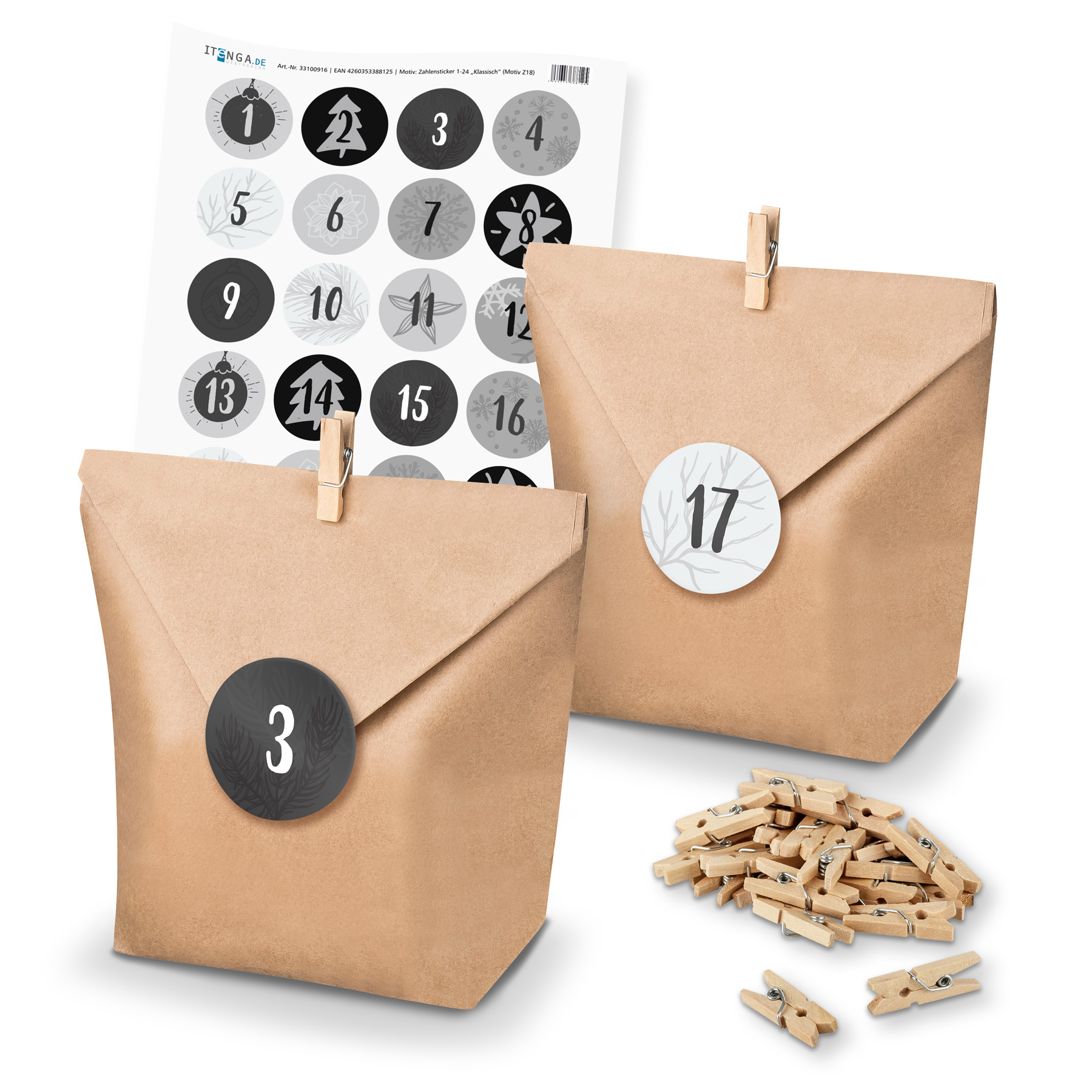 Adventskalender Set 18 Geschenkt�ten + Klammern + Sticker