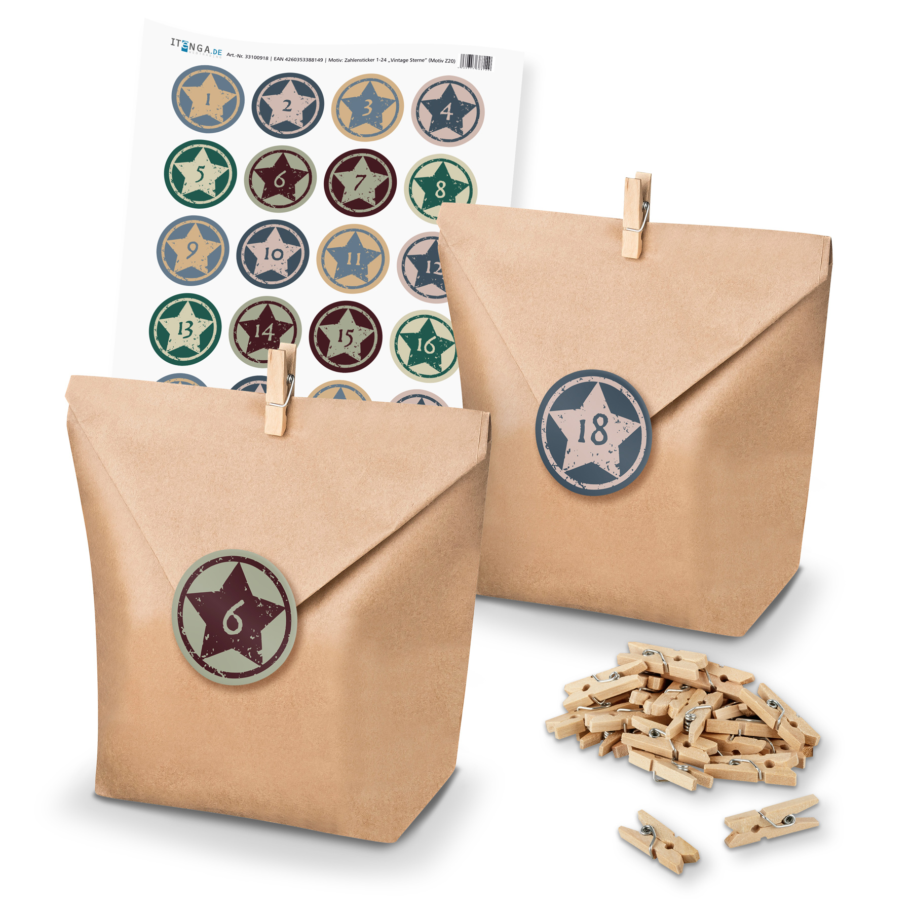 Adventskalender Set 20 Geschenkt�ten + Klammern + Sticker