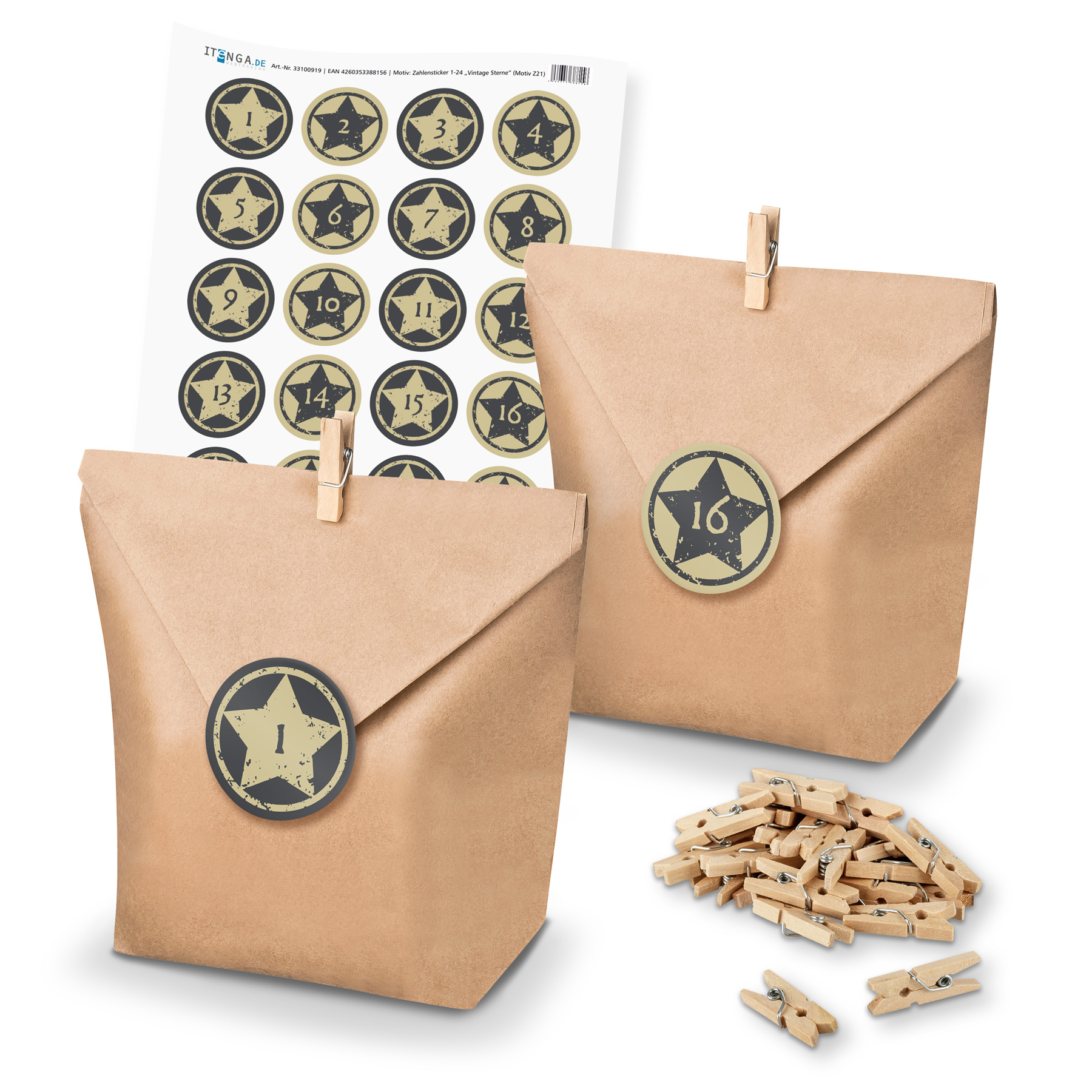 Adventskalender Set 21 Geschenkt�ten + Klammern + Sticker