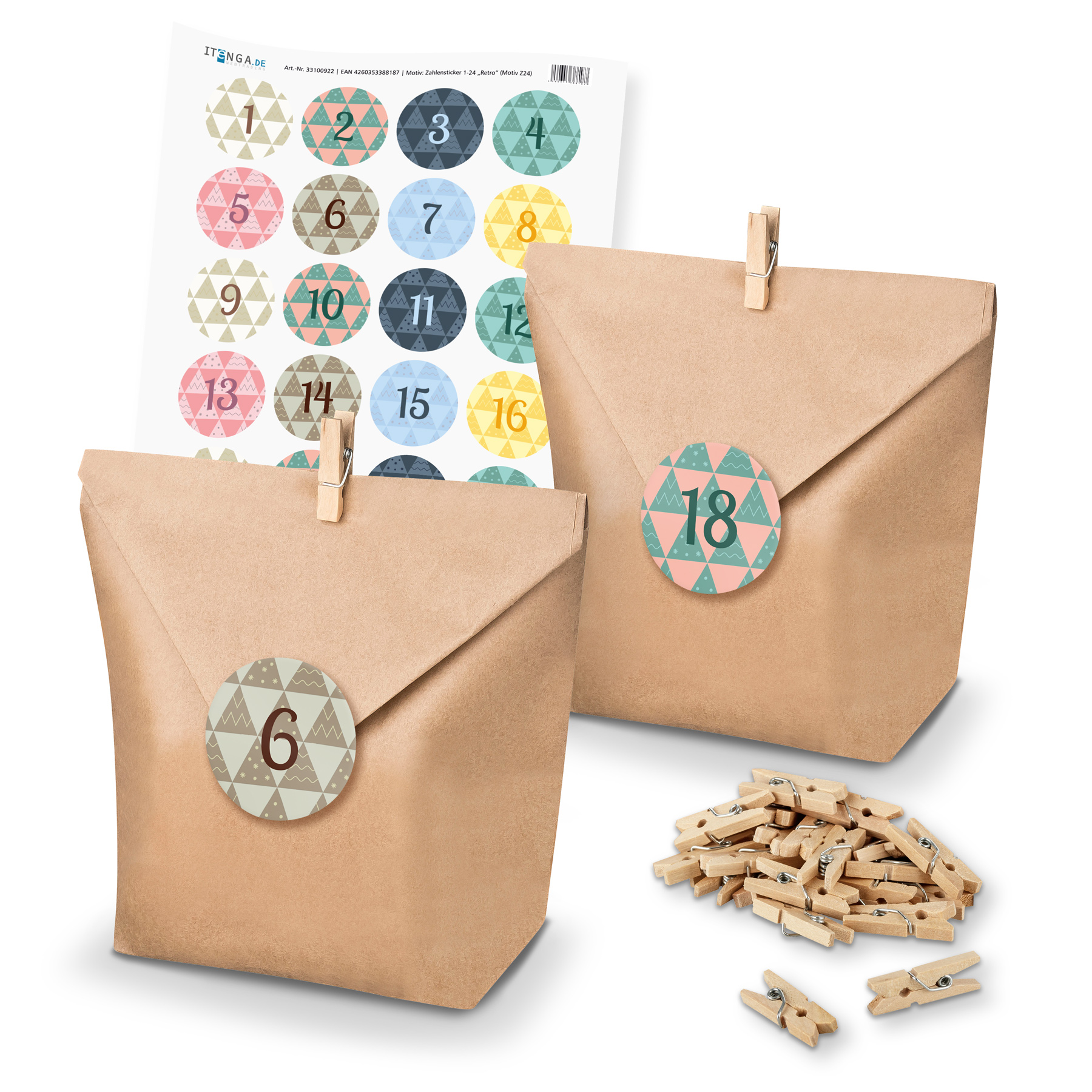 Adventskalender Set 24 Geschenkt�ten + Klammern + Sticker