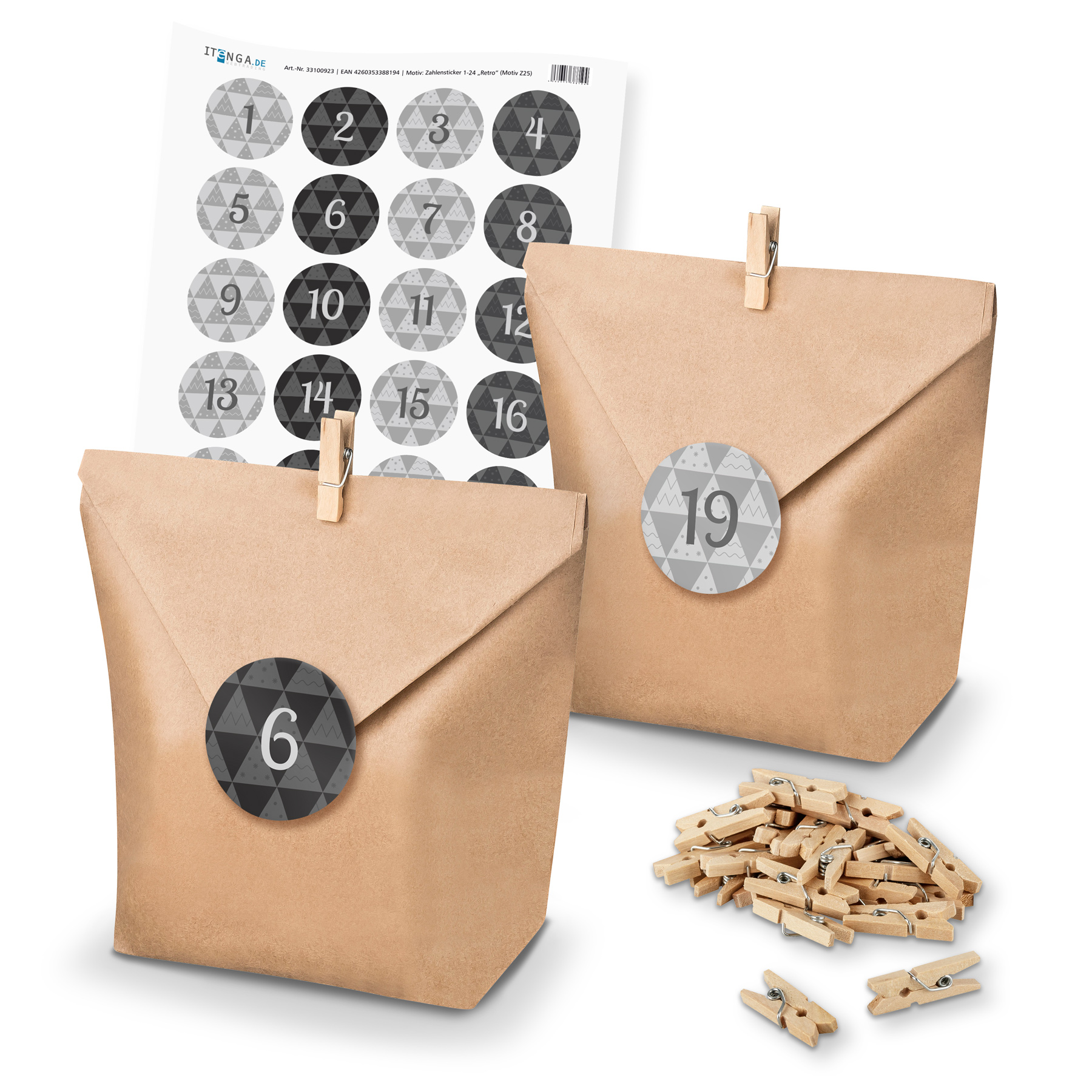 Adventskalender Set 25 Geschenkt�ten + Klammern + Sticker