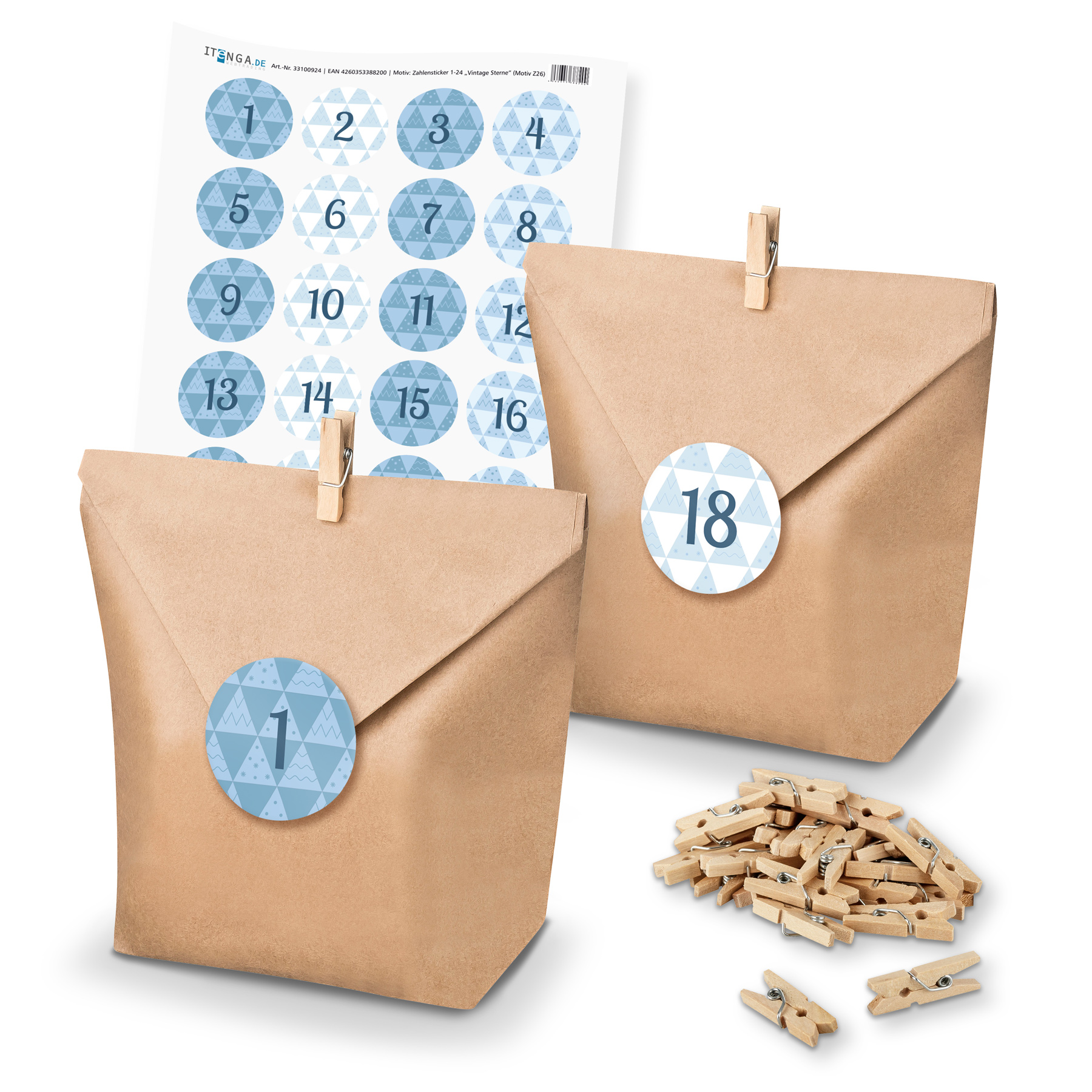 Adventskalender Set 26 Geschenkt�ten + Klammern + Sticker