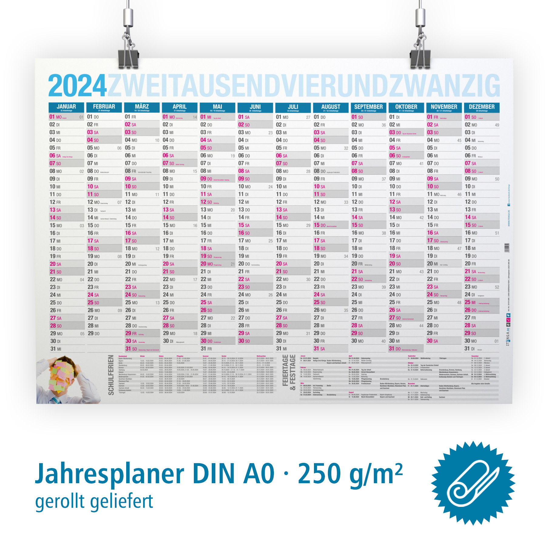 itenga Jahresplaner 2024 Wandkalender DIN A0 (118,9 x 84...