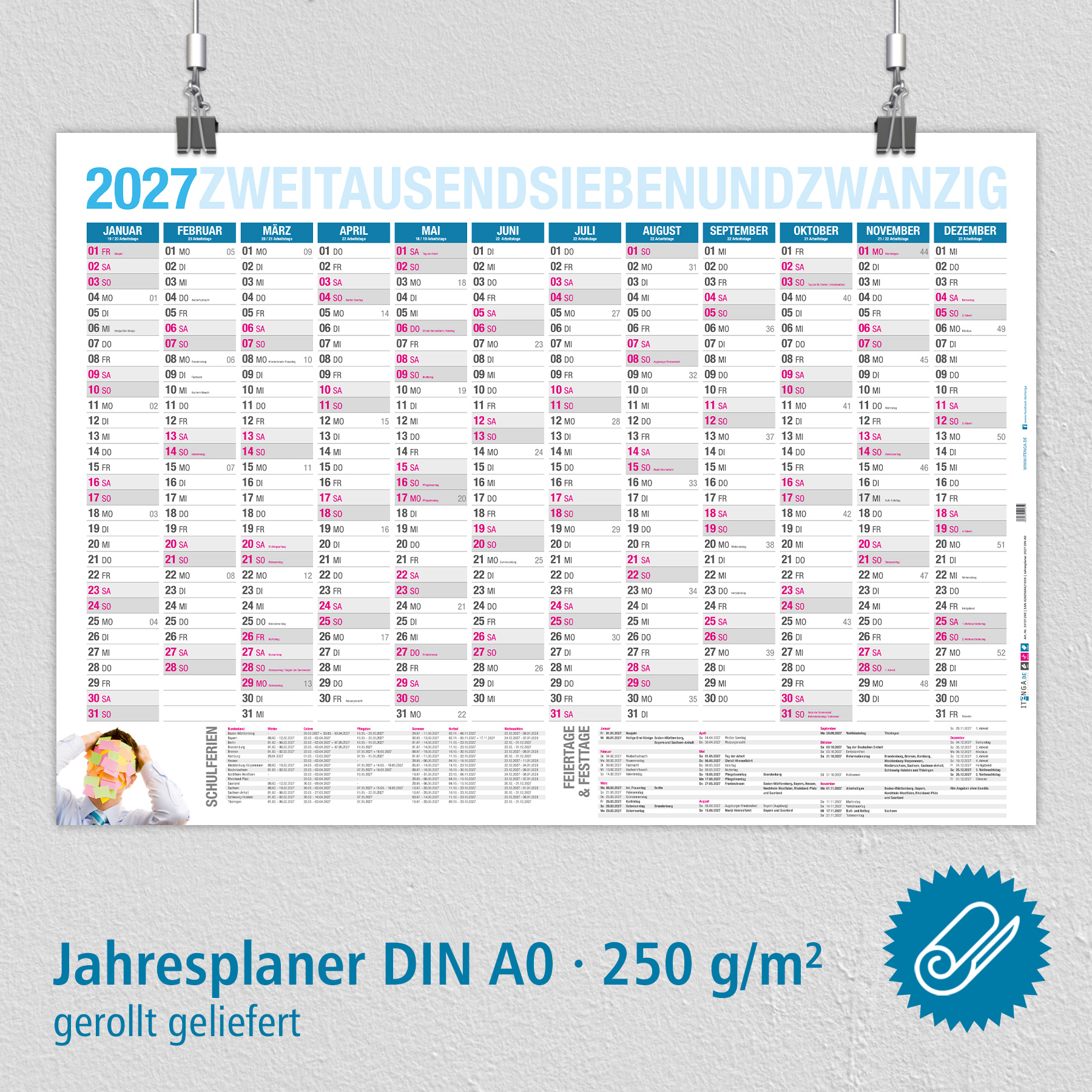 itenga Jahresplaner 2027 Wandkalender DIN A0 (118,9 x 84...