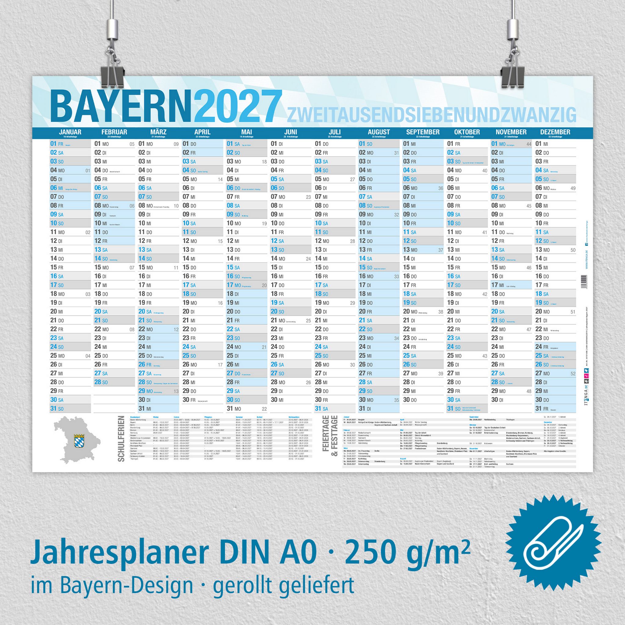 Jahresplaner Bayern 2027 Wandkalender DIN A0 (118,9 x 84...