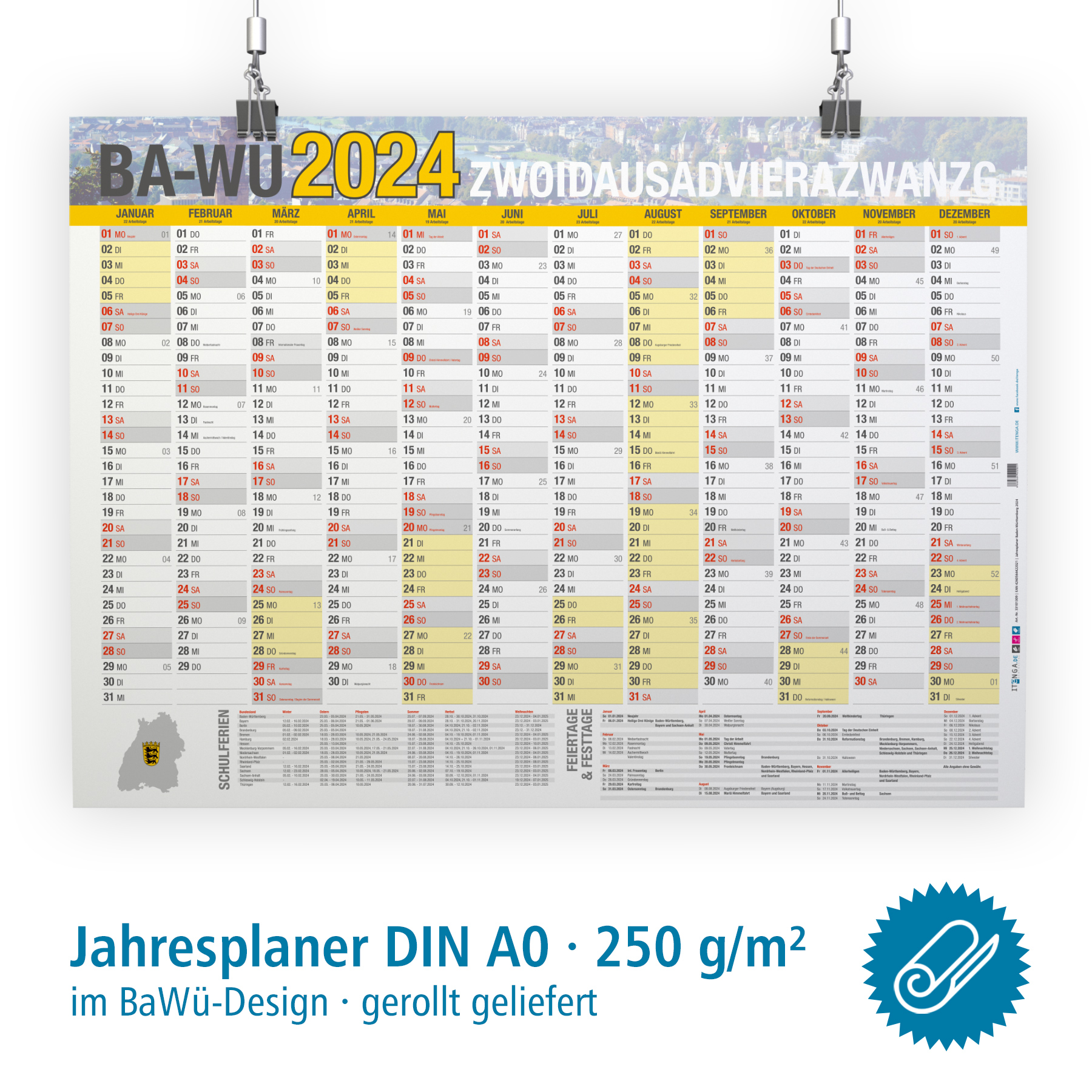 Jahresplaner Ba-W 2024 Wandkalender DIN A0 (118,9 x 84,...