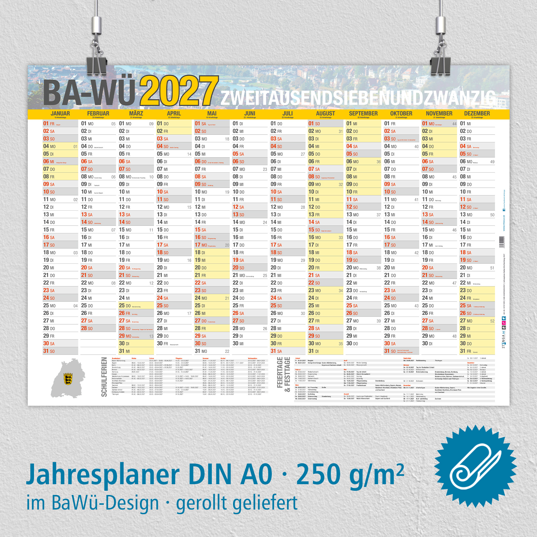 Jahresplaner Ba-W� 2027 Wandkalender DIN A0 (118,9 x 84,...