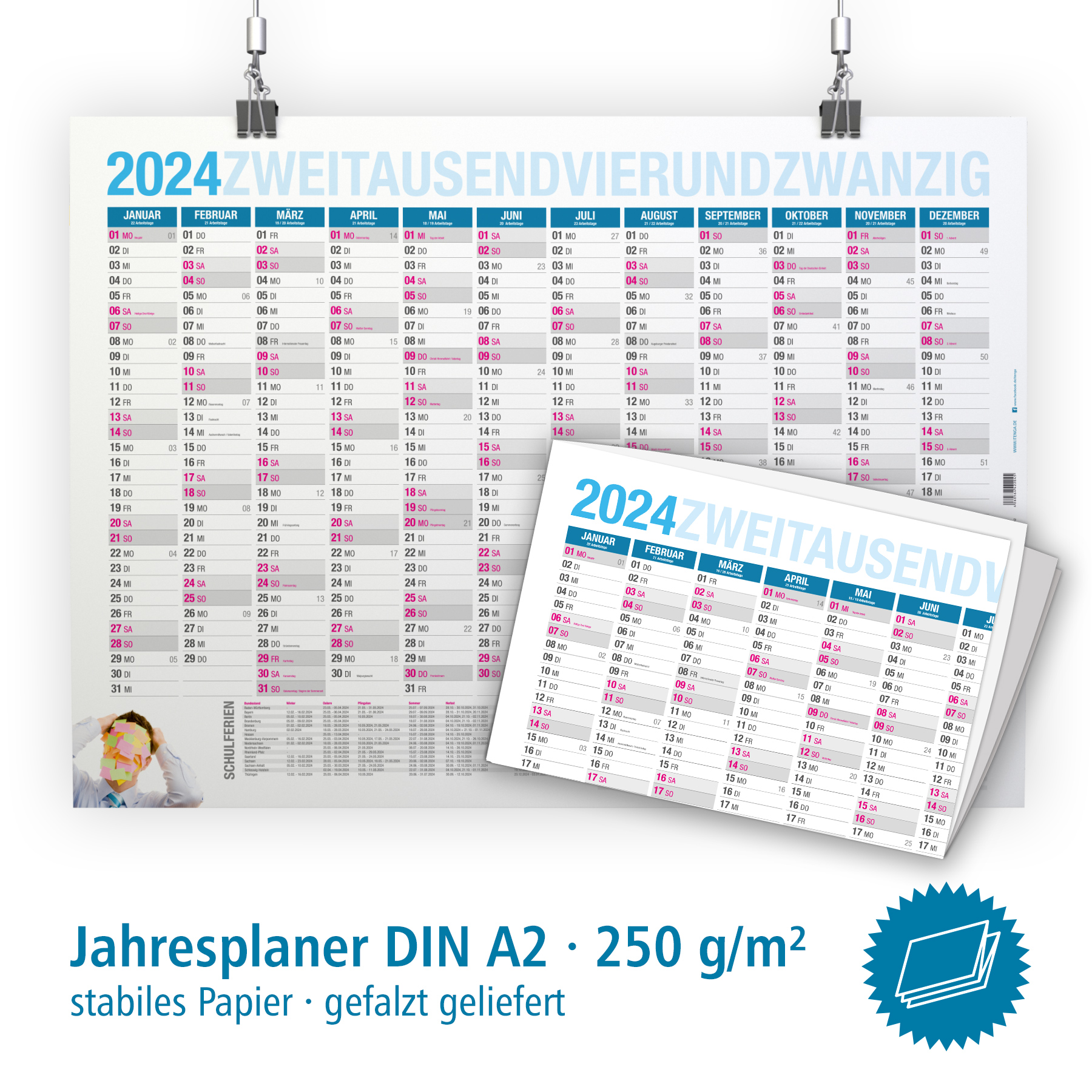 itenga Jahresplaner 2024 gefalzt Wandkalender DIN A2 (59...
