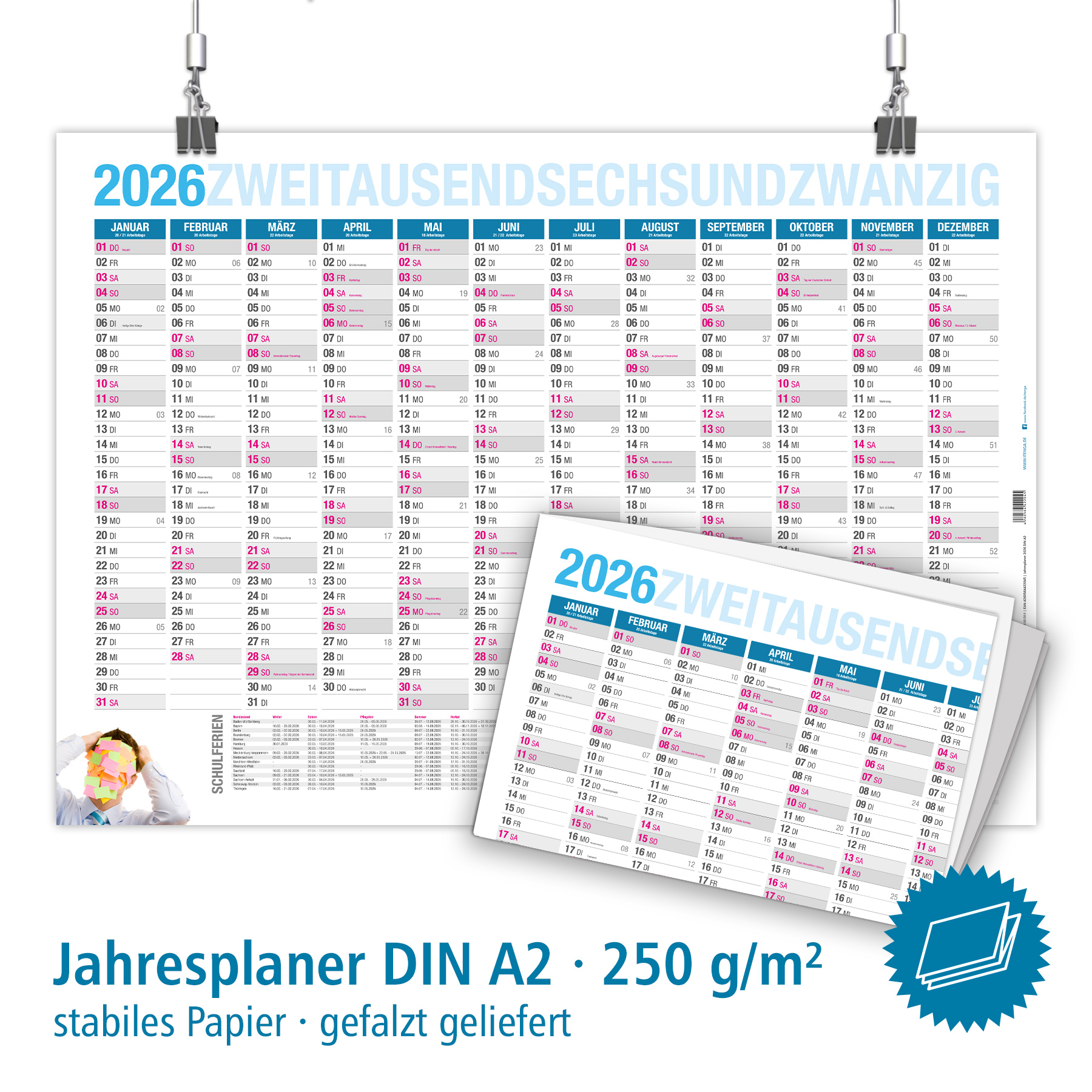 itenga Jahresplaner 2026 gefalzt Wandkalender DIN A2 (59...