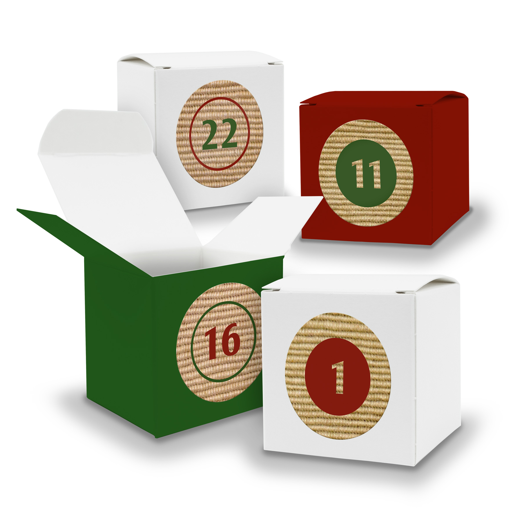 Adventskalender 24x W�rfel 5cm DUNKELGR�N WEI� DUNKELROT...