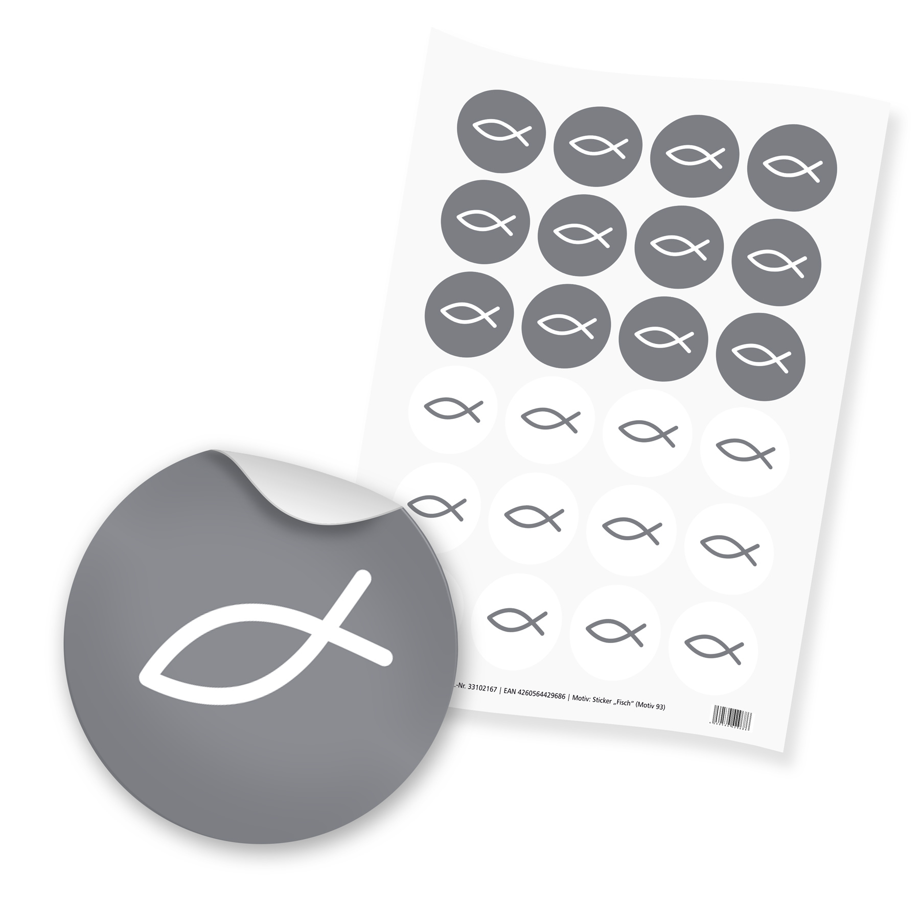 24x Sticker Fisch (Motiv 93) grau 4cm Taufe Kommunion Ko...