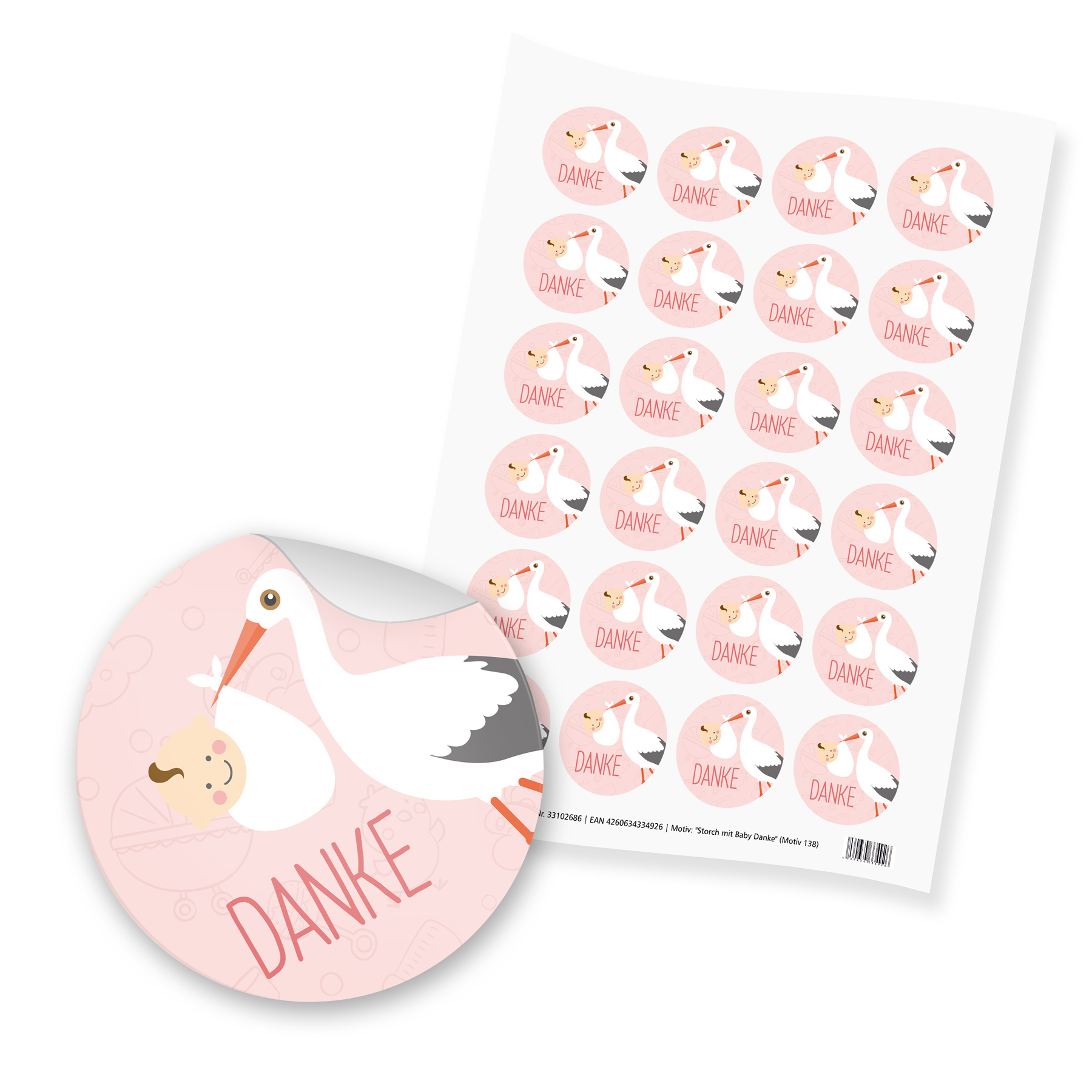itenga 24x Sticker "Danke / Storch mit Baby" (Motiv 138)...