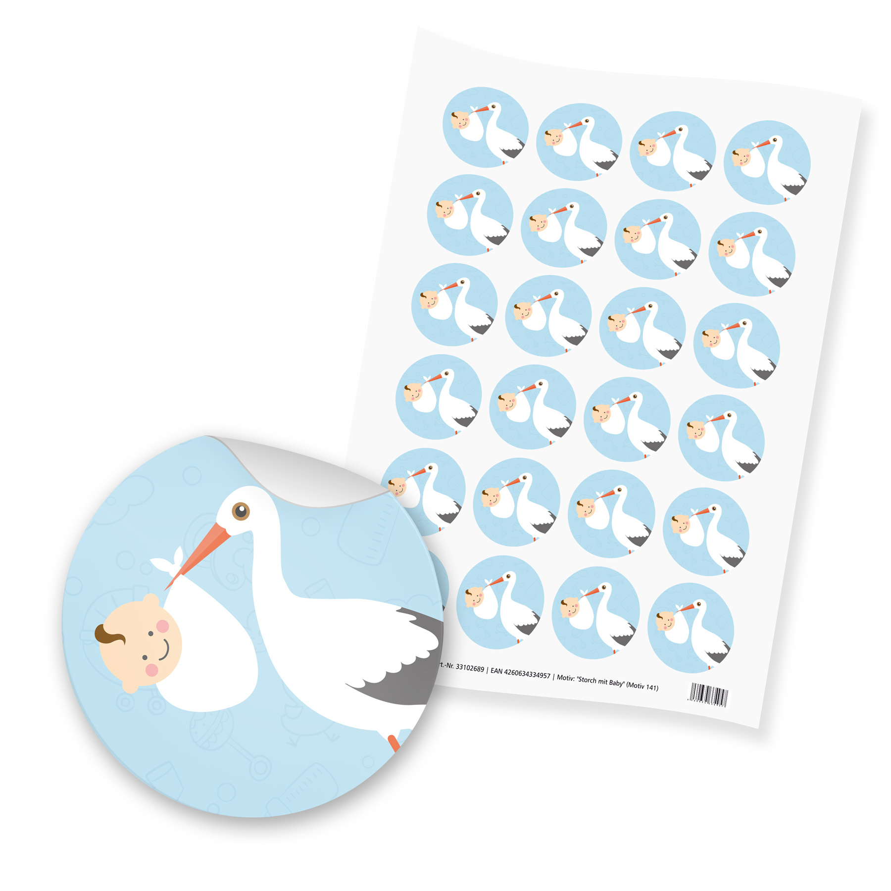 itenga 24x Sticker "Storch mit Baby" (Motiv 141) hellbla...