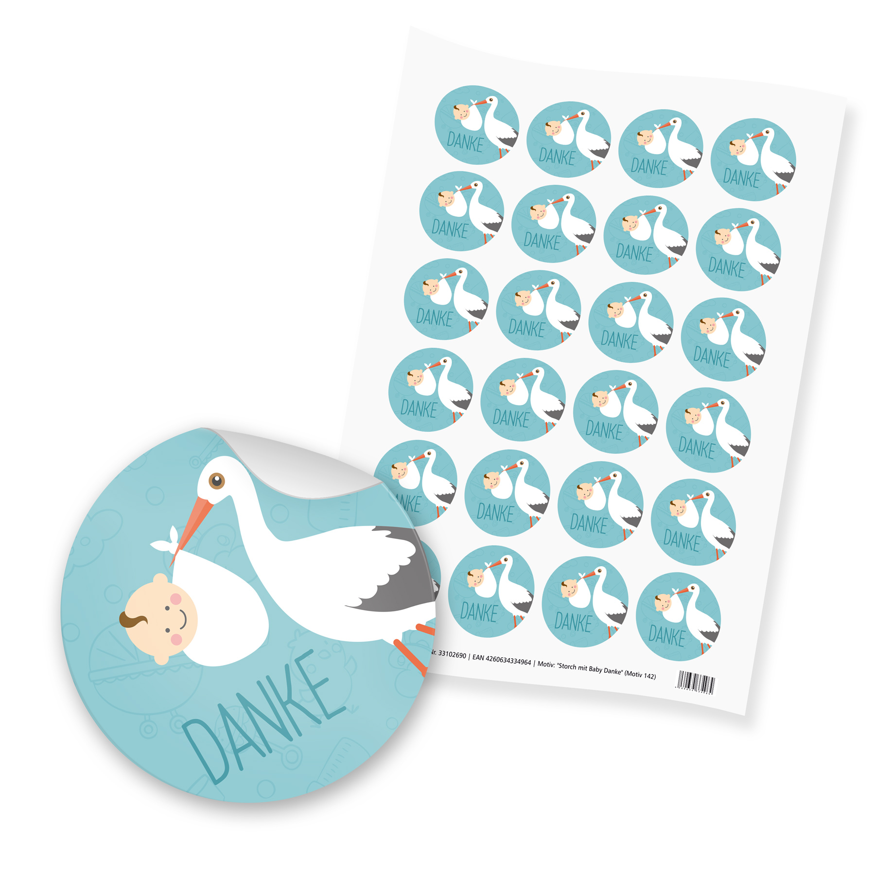 itenga 24x Sticker "Danke / Storch mit Baby" (Motiv 142)...
