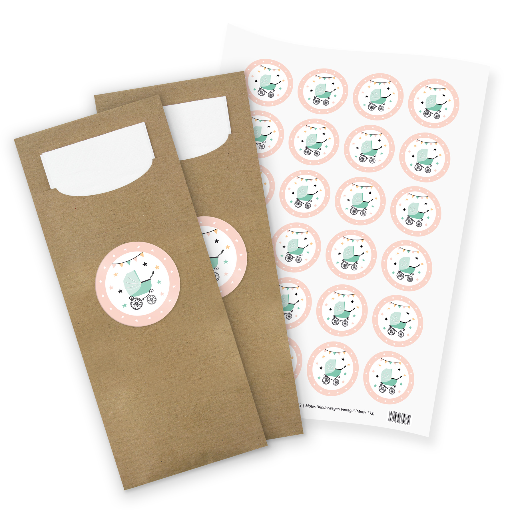 itenga 24x Bestecktaschen + Stickerbogen "Kinderwagen Vi...
