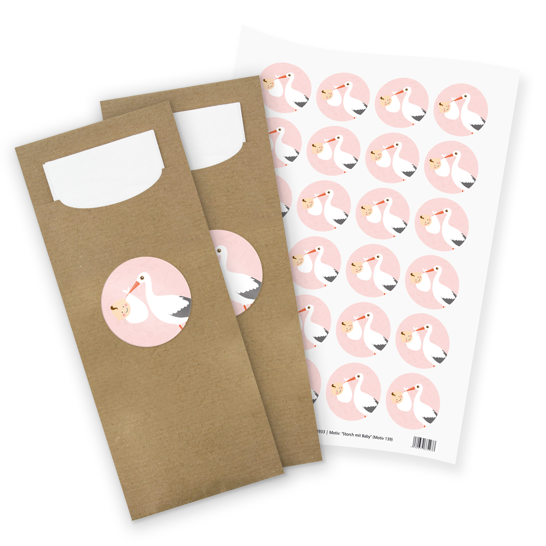 itenga 24x Bestecktaschen + Stickerbogen "Storch mit Bab...