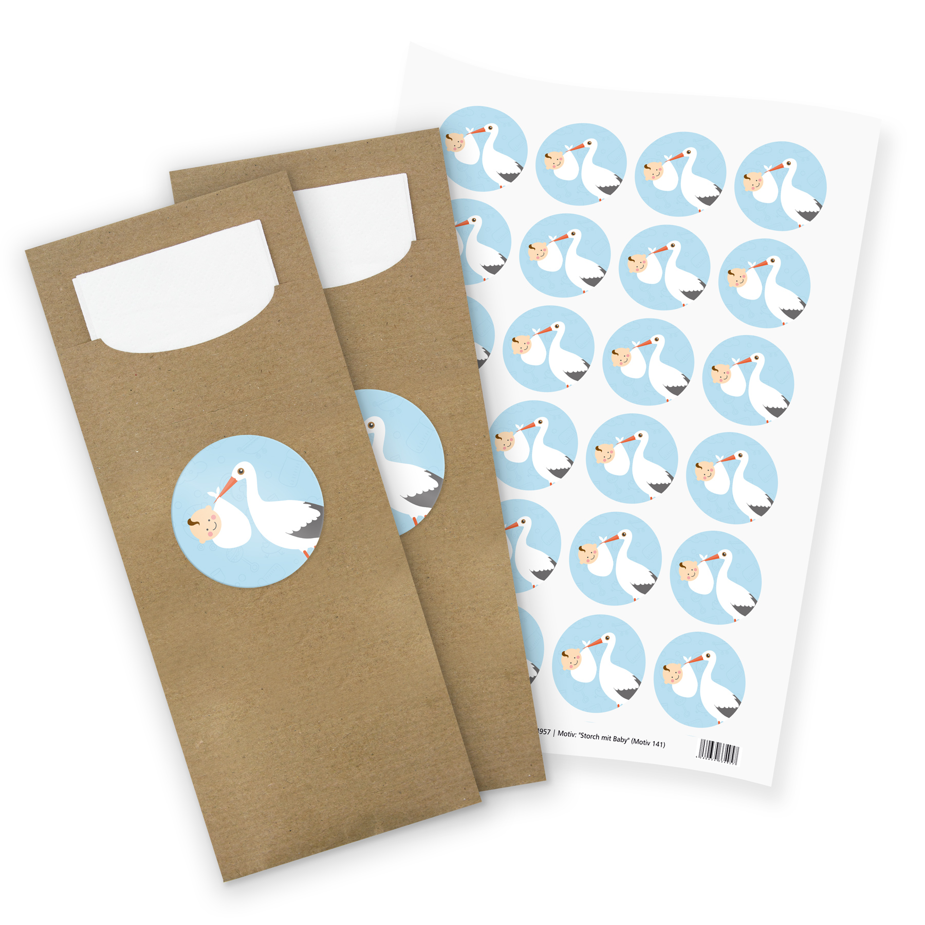 itenga 24x Bestecktaschen + Stickerbogen "Storch mit Bab...