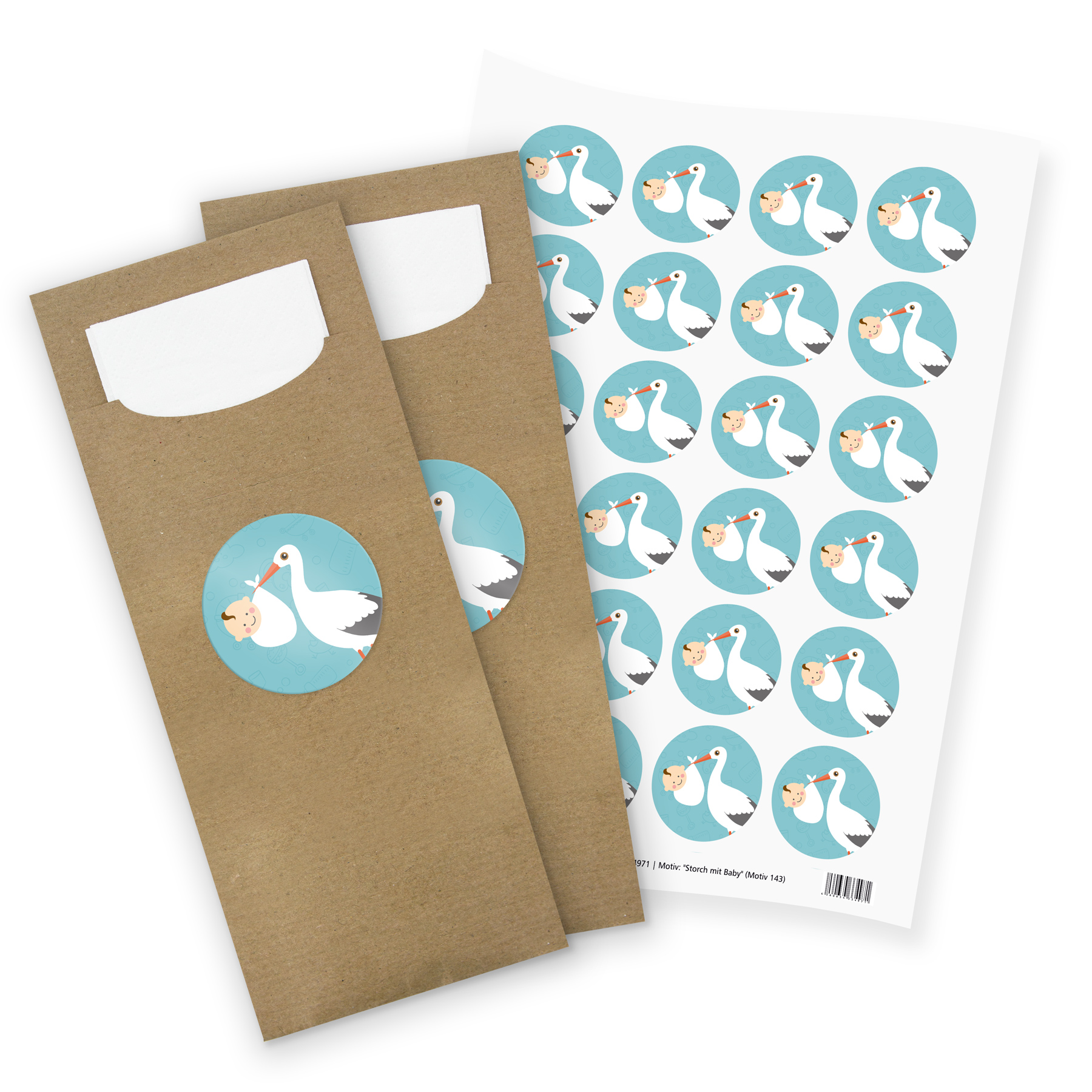 itenga 24x Bestecktaschen + Stickerbogen "Storch mit Bab...